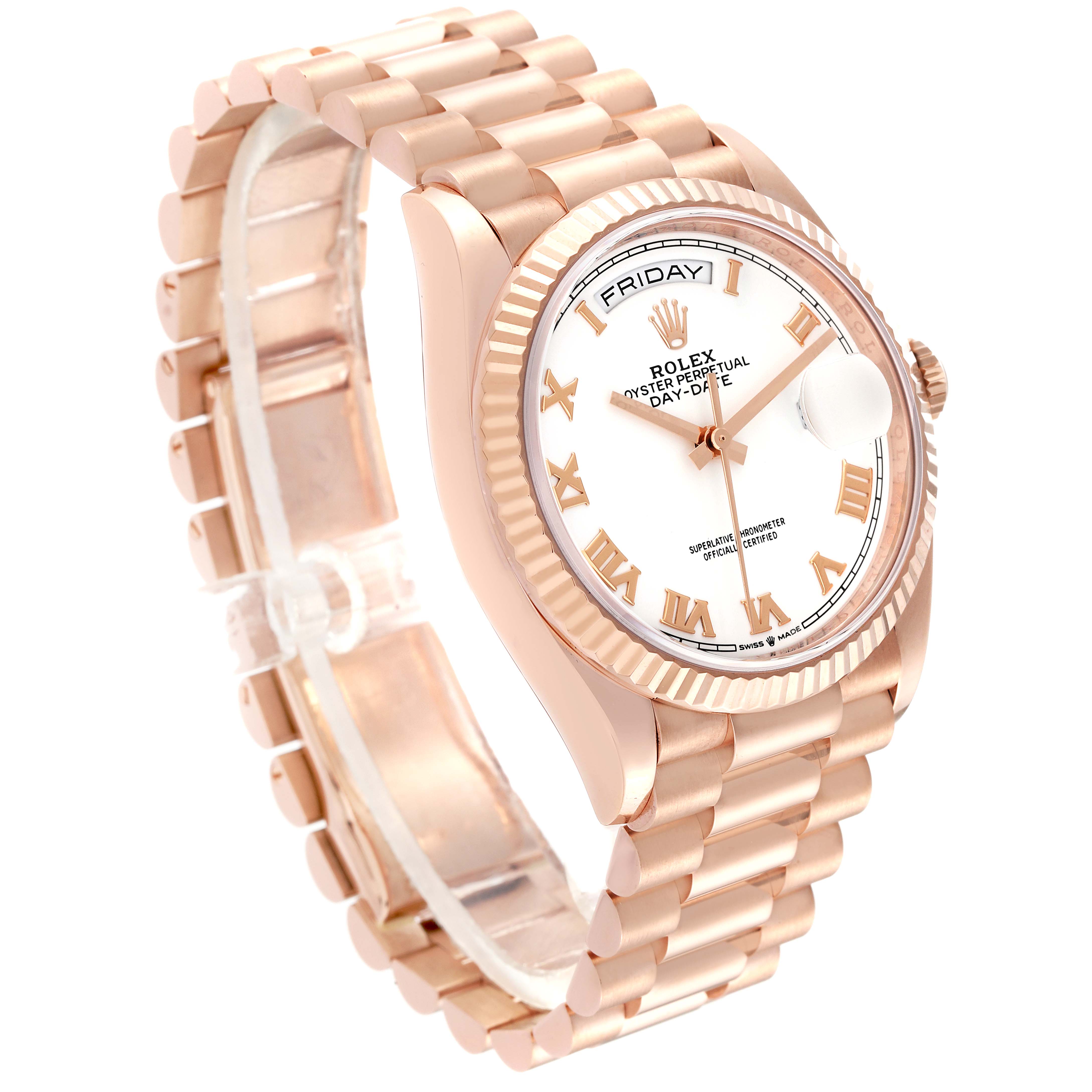 This image shows a Rolex President 128235 Men's Rose Gold White Dial 128235 Men's Rose Gold White Dial model watch at an angled view, highlighting the bracelet, dial, and fluted bezel.