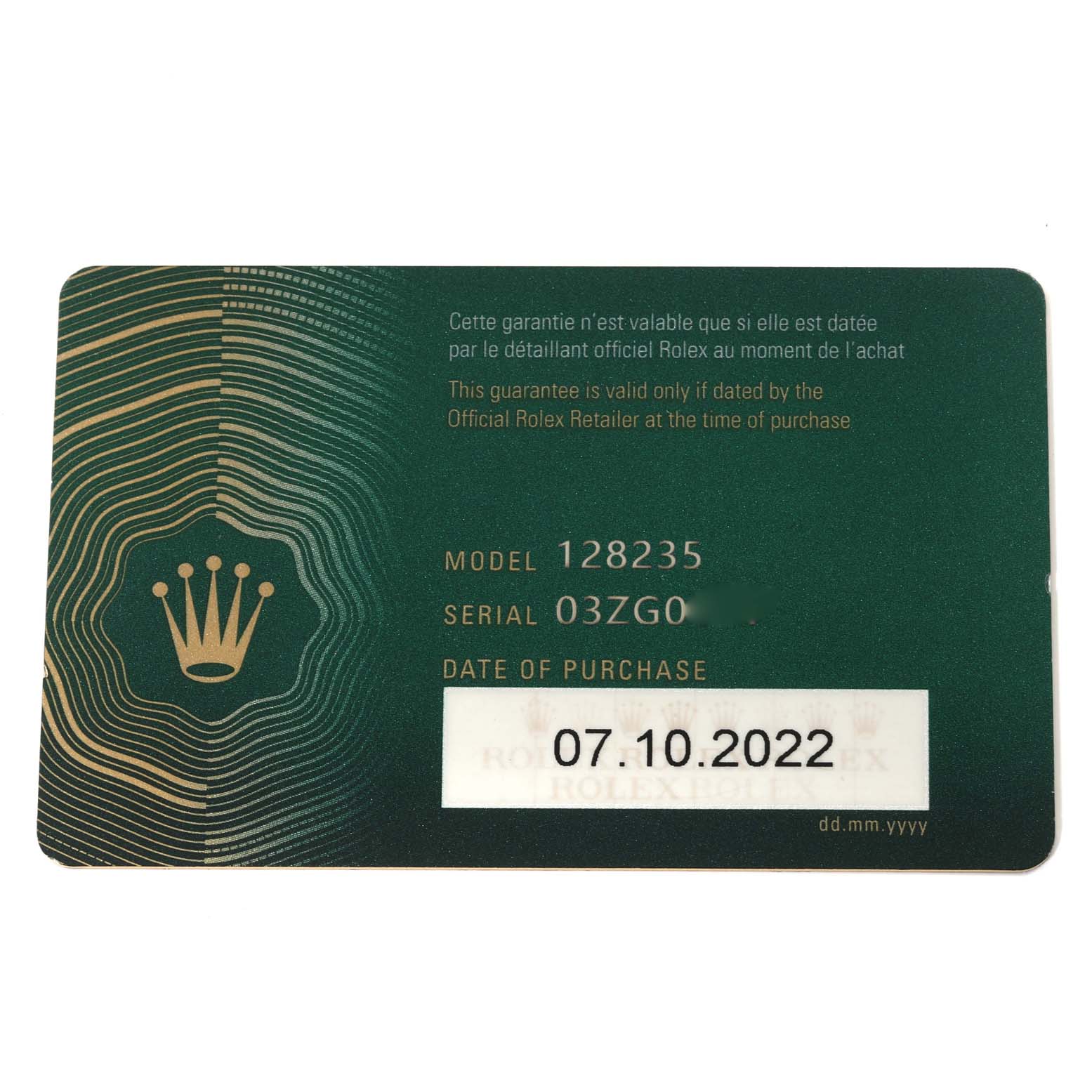 This image shows the warranty card for the Rolex President 128235 Men's Rose Gold White Dial 128235 Men's Rose Gold White Dial model 128235, including the serial number and purchase date.