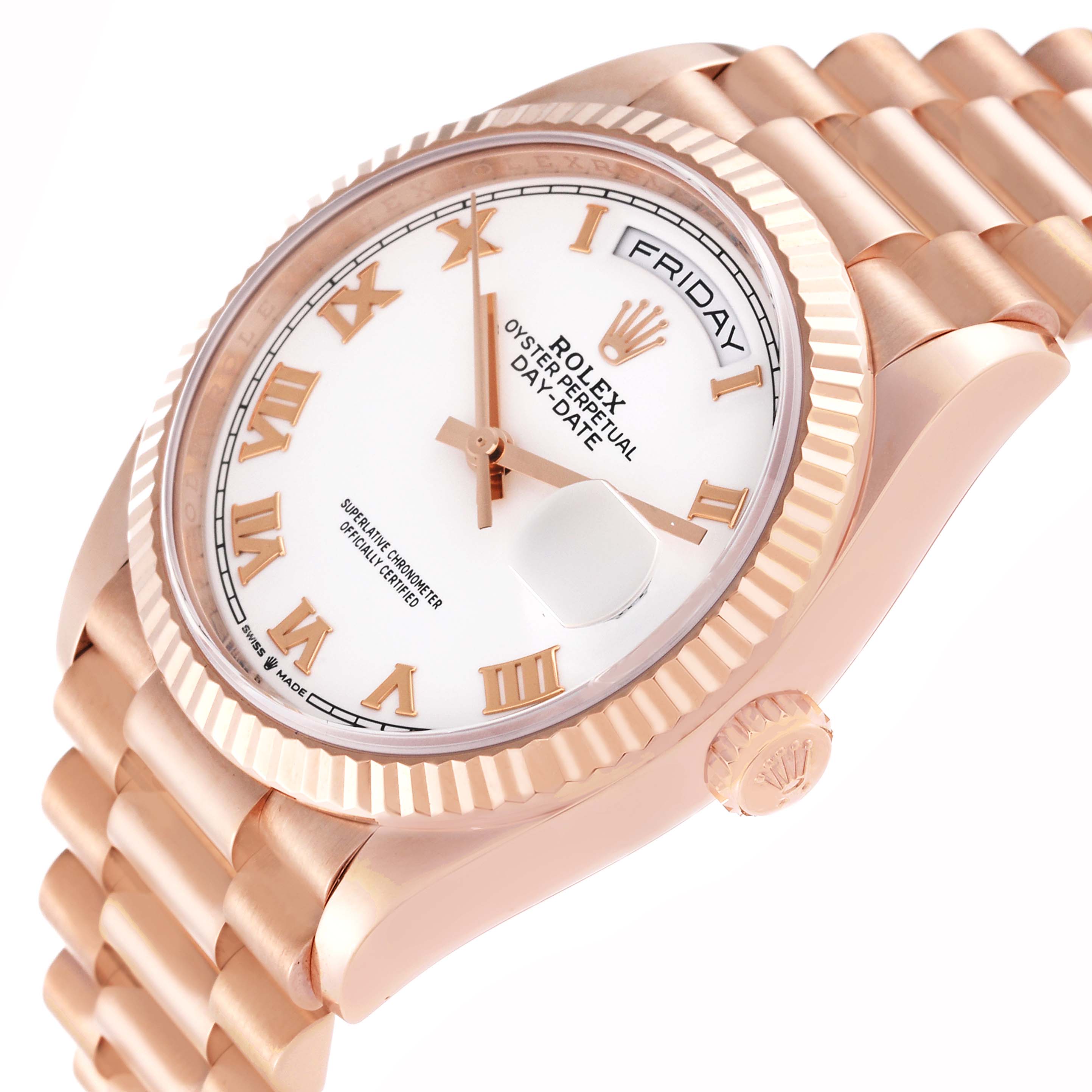 The image shows a Rolex President 128235 Men's Rose Gold White Dial 128235 Men's Rose Gold White Dial model watch from an angled view, highlighting the face, bezel, crown, and part of the bracelet.