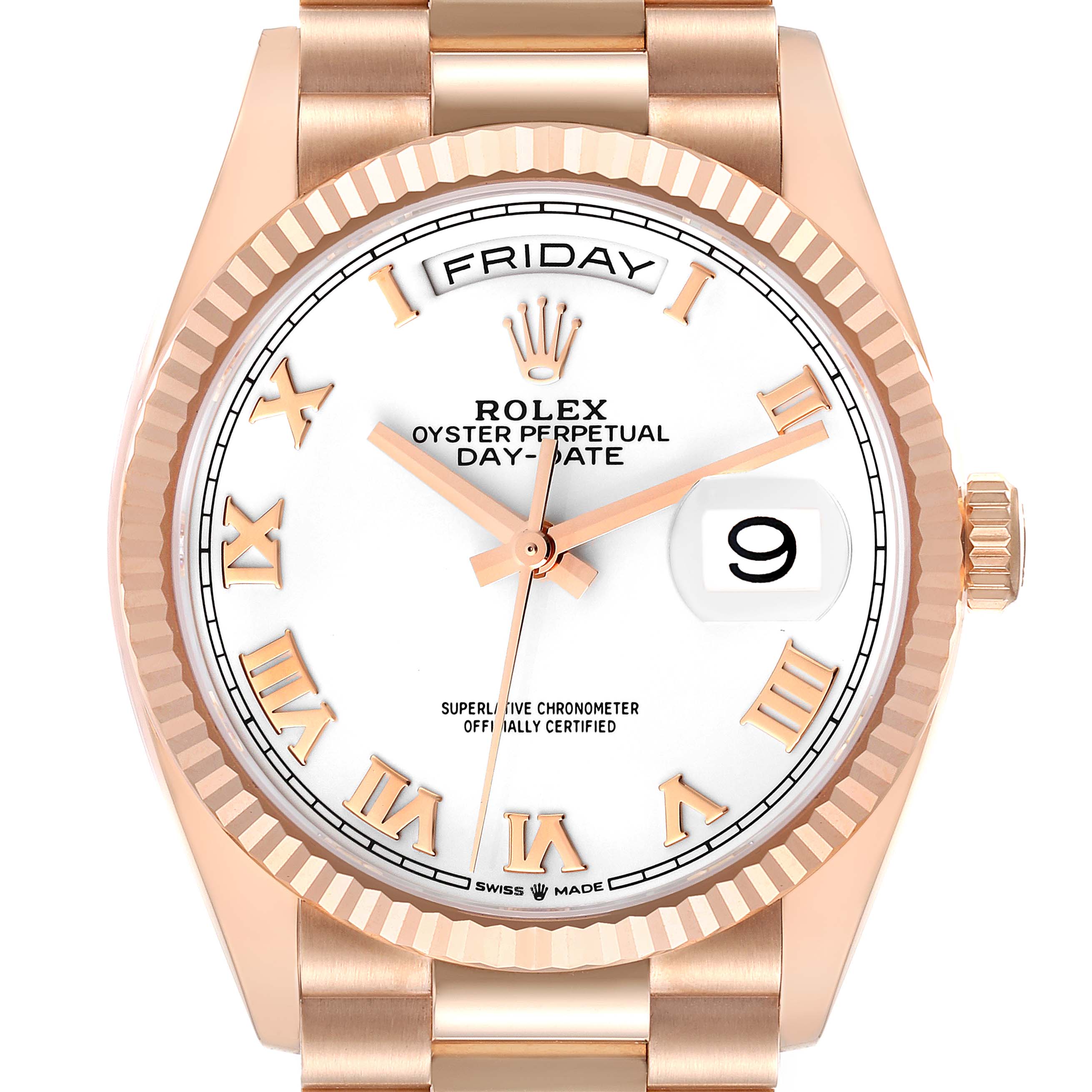 The Rolex President 128235 Men's Rose Gold White Dial 128235 Men's Rose Gold White Dial model watch is shown from a top-down angle, highlighting its dial, hands, bezel, and part of the bracelet.