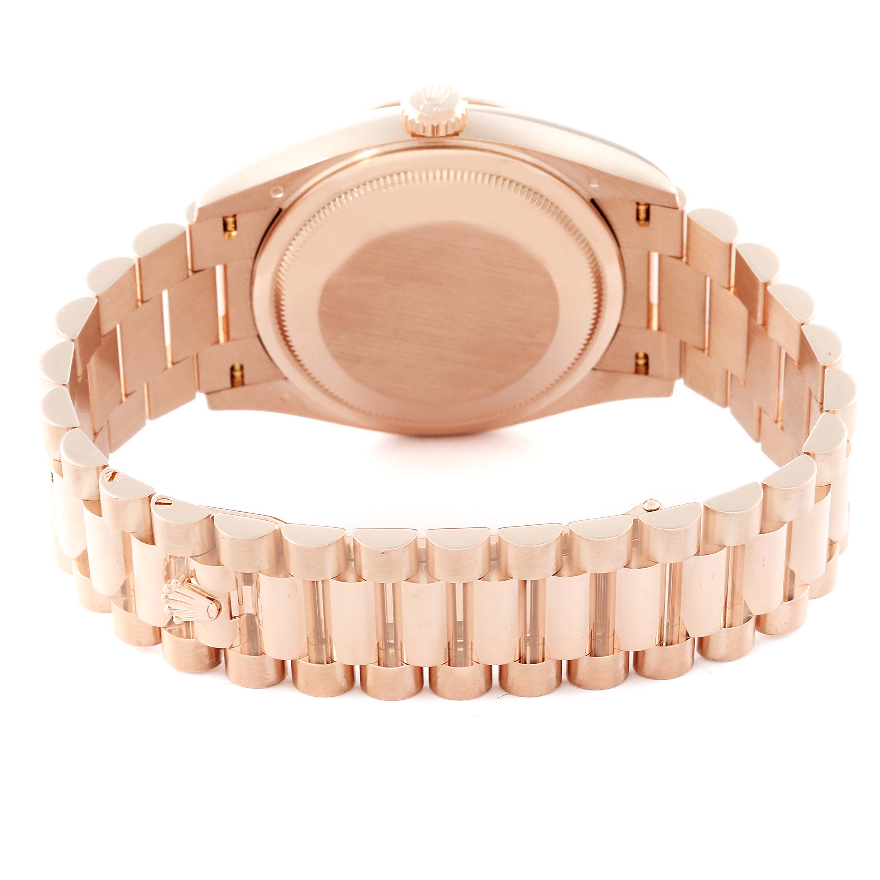 The image shows the back view of a Rolex President 128235 Men's Rose Gold White Dial 128235 Men's Rose Gold White Dial model watch, highlighting its bracelet and case back.
