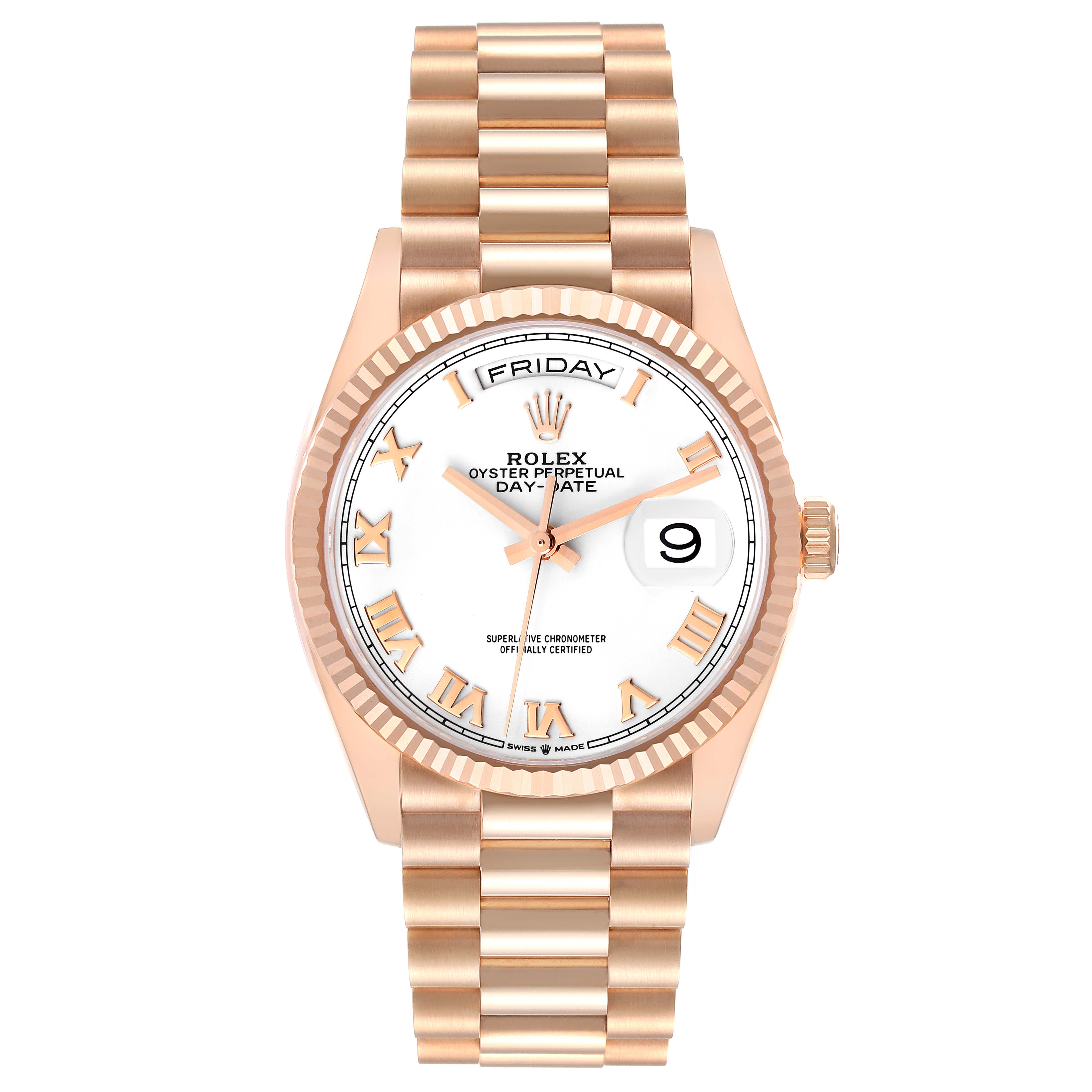 The image shows a Rolex President 128235 Men's Rose Gold White Dial 128235 Men's Rose Gold White Dial model watch from a front angle, highlighting the dial, bracelet, and bezel.