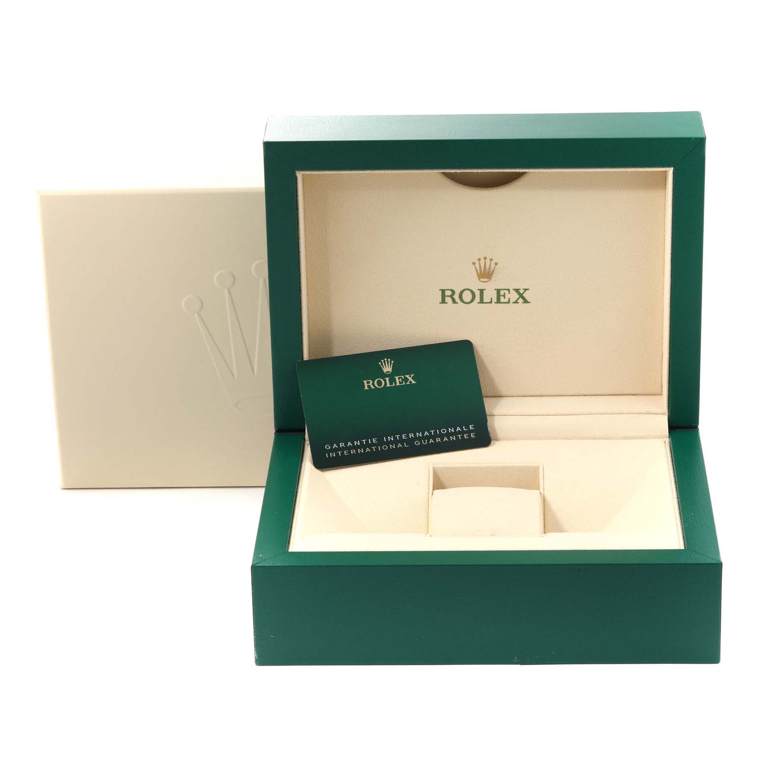 The image shows an open Rolex President 128235 Men's Rose Gold White Dial 128235 Men's Rose Gold White Dial model box with a guarantee card inside.
