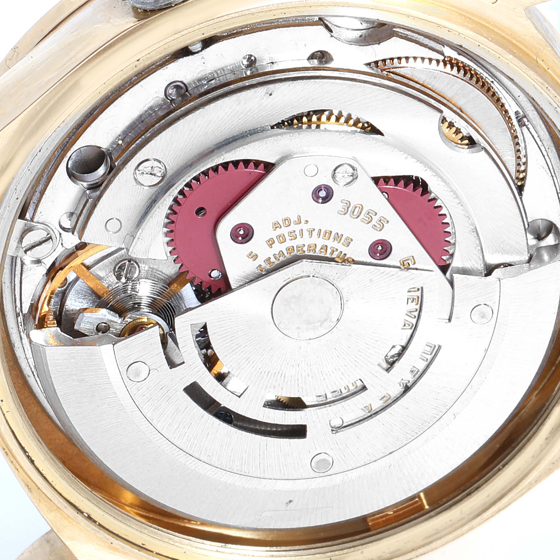 This is a close-up view of the Rolex President 18038 Men
s Yellow Gold Black Dial 18038 Men
s Yellow Gold Black Dial model watch
s movement and inner mechanism.