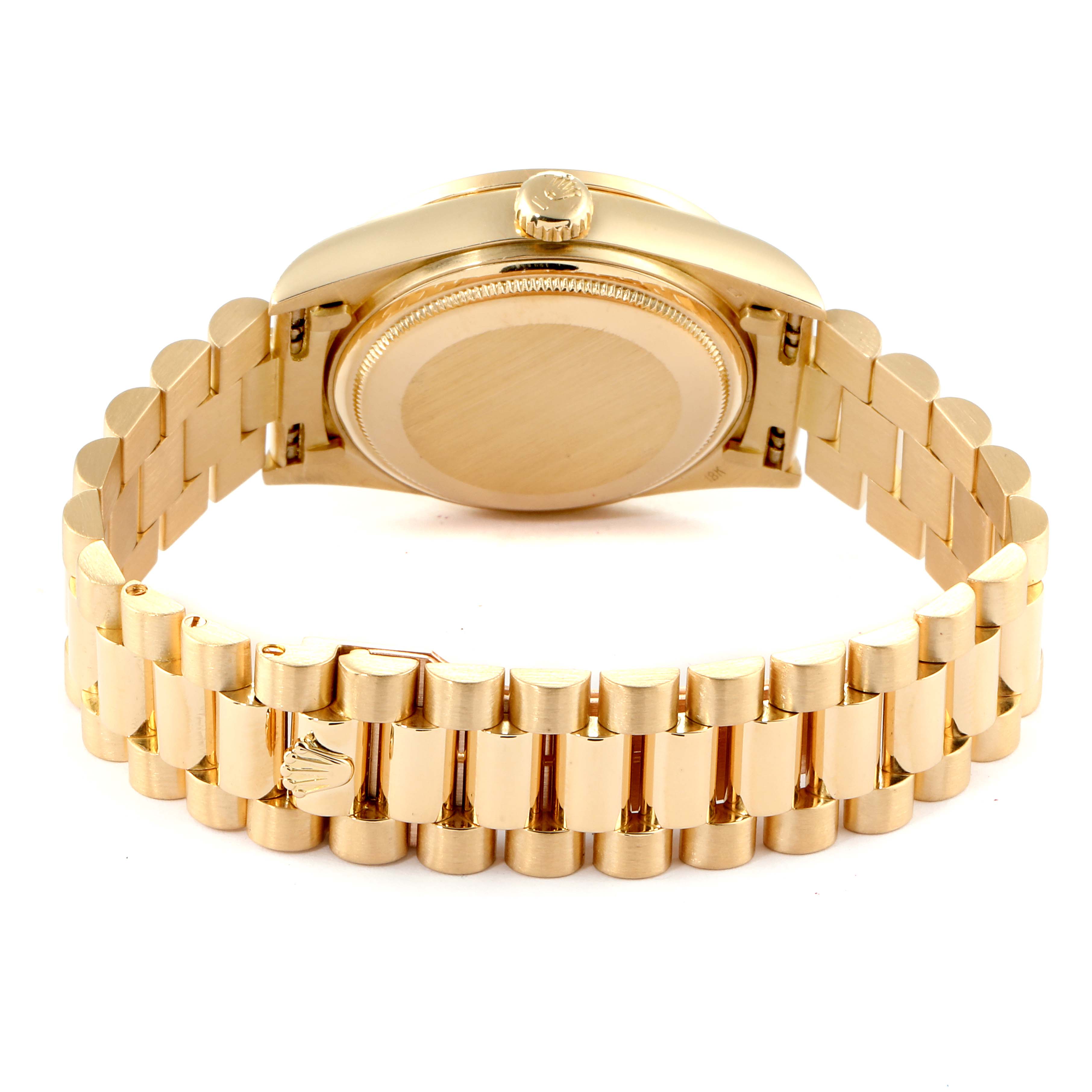 This image shows the back view of a Rolex President 18038 Men
s Yellow Gold Black Dial 18038 Men
s Yellow Gold Black Dial model watch, highlighting the bracelet and the case back.