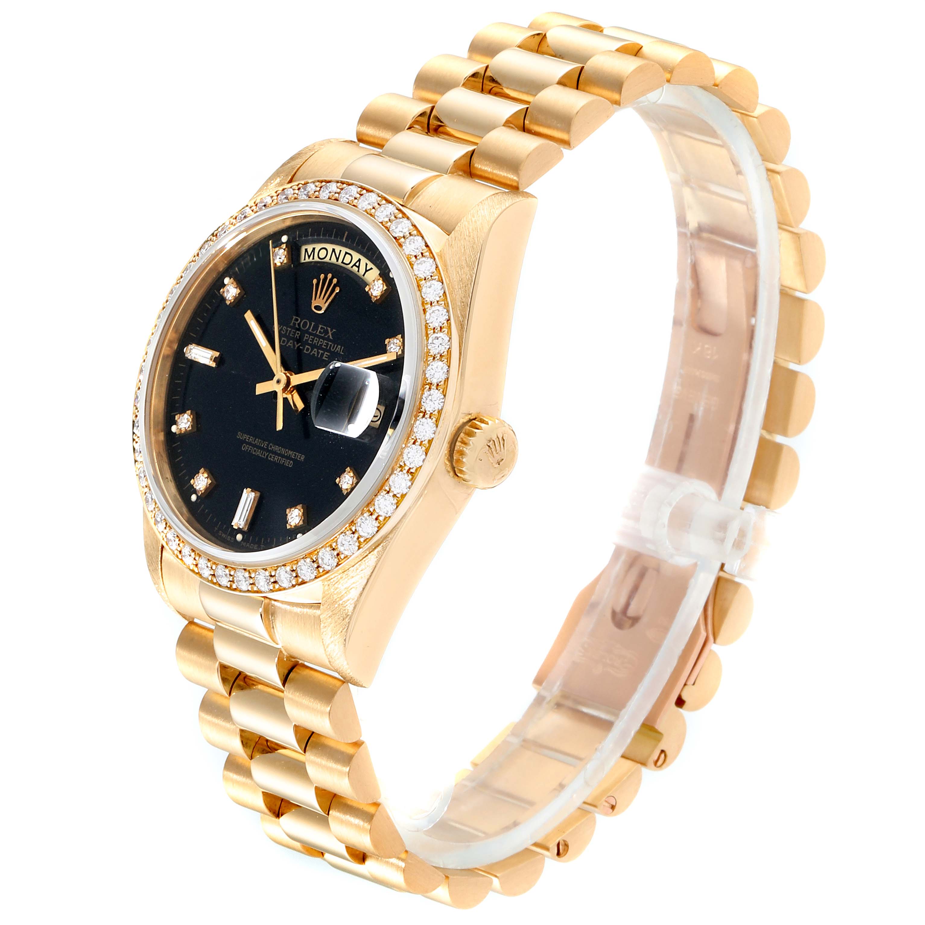 The Rolex President 18038 Men
s Yellow Gold Black Dial 18038 Men
s Yellow Gold Black Dial watch is shown from a side angle, displaying the bezel, dial, bracelet, and crown.