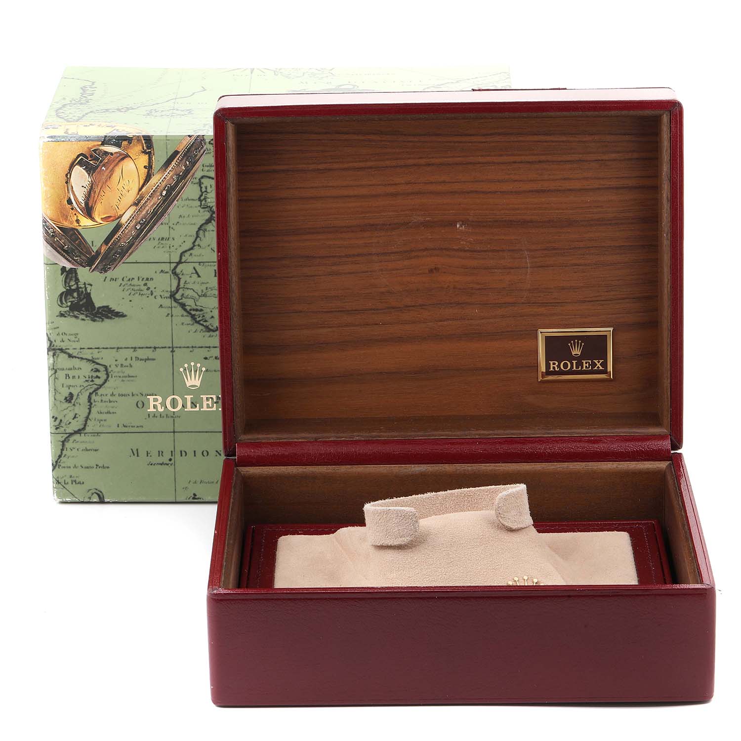 The image shows a Rolex President 18038 Men
s Yellow Gold Black Dial 18038 Men
s Yellow Gold Black Dial watch box open, displaying its interior with a cushion for the watch along with its exterior packaging.