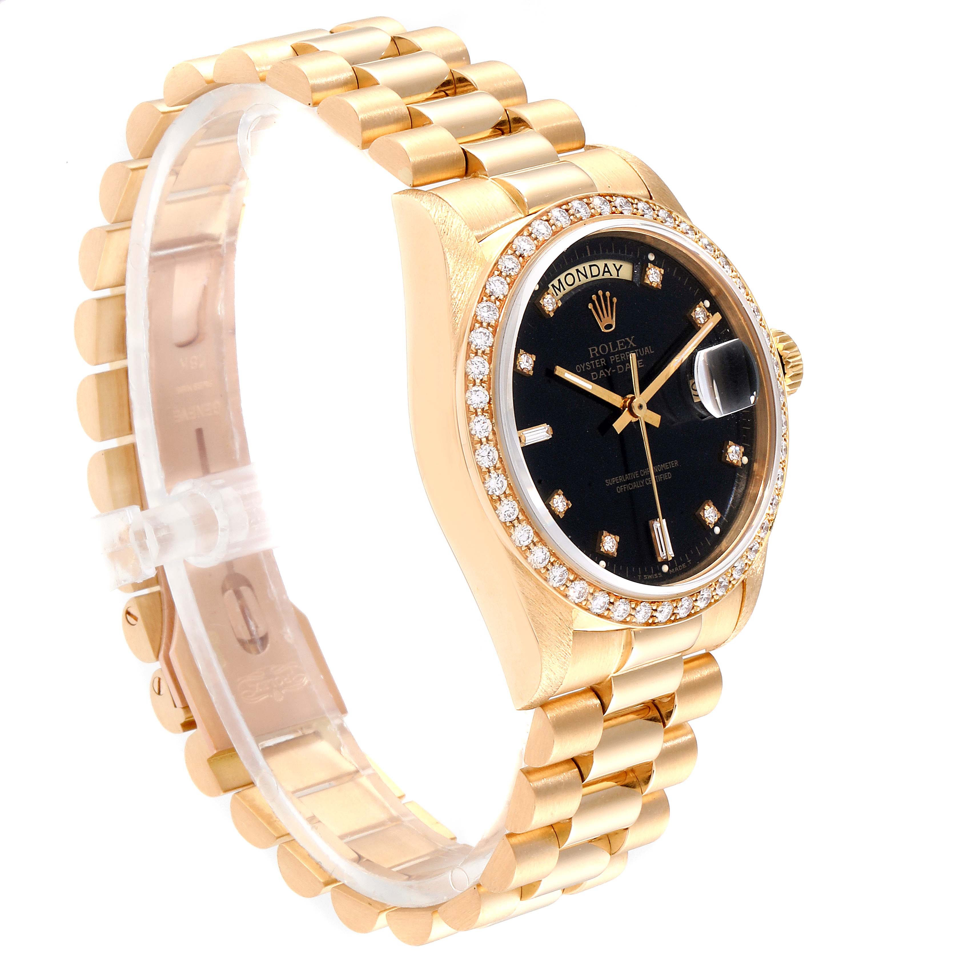 This image shows a Rolex President 18038 Men
s Yellow Gold Black Dial 18038 Men
s Yellow Gold Black Dial model at a 3/4 angle, highlighting the black dial, gold case, diamond bezel, and gold bracelet.