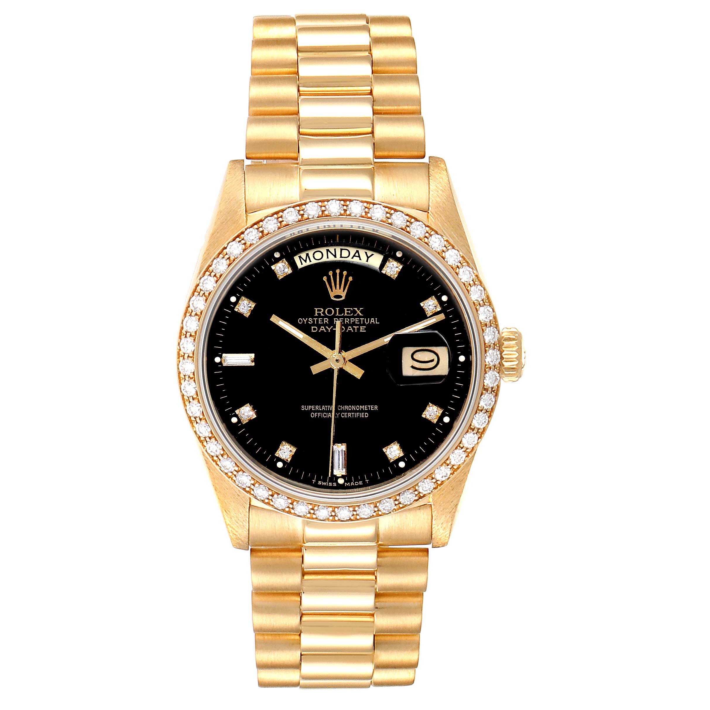 The image shows a frontal view of a Rolex President 18038 Men
s Yellow Gold Black Dial 18038 Men
s Yellow Gold Black Dial watch, highlighting its gold band, black dial, diamond bezel, day, and date display.