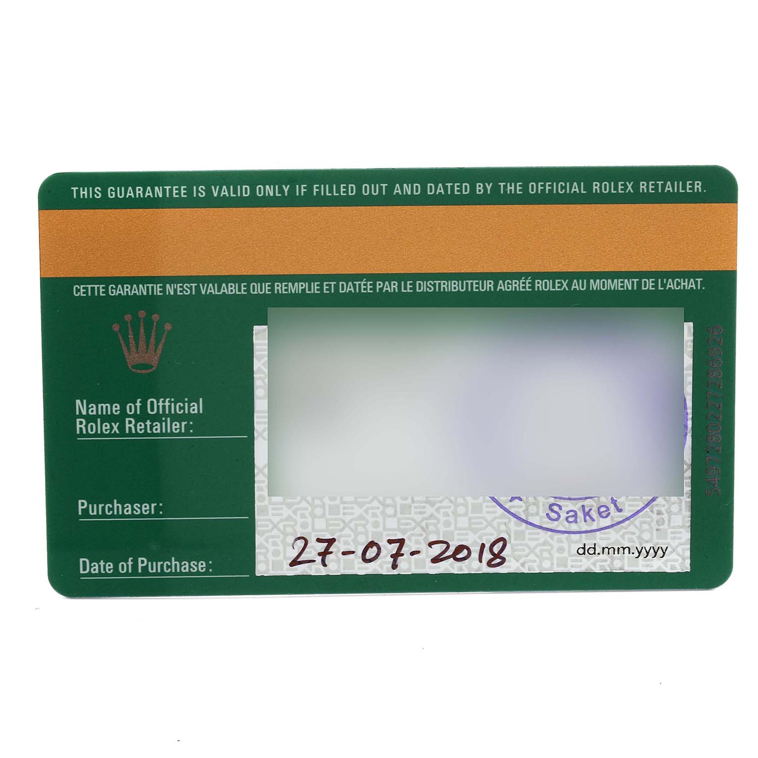 This image shows the warranty card associated with a Rolex Sea-Dweller 126600 Men
s Stainless Steel Black Dial 126600 Men
s Stainless Steel Black Dial model, including purchase details.