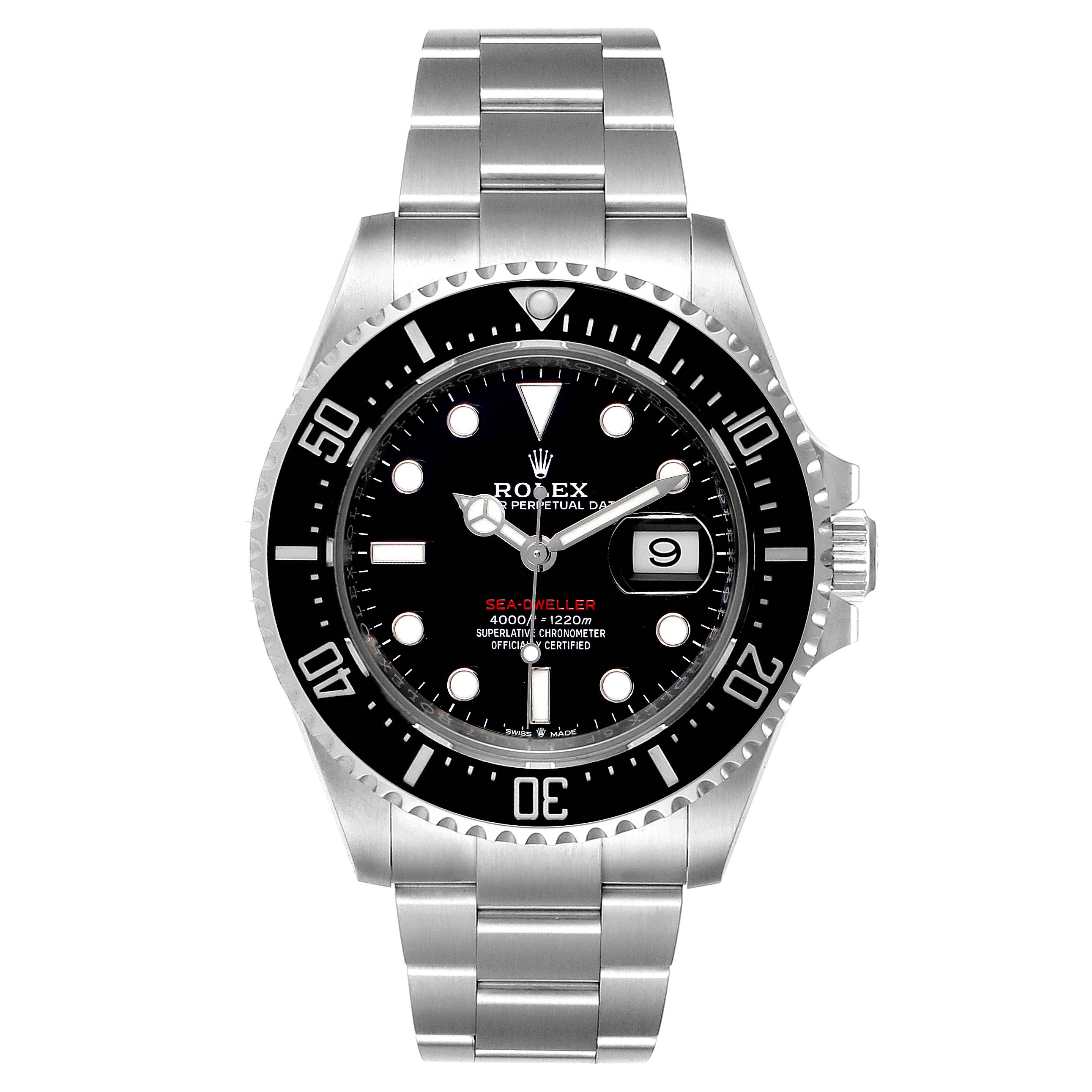 The image shows a front view of a Rolex Sea-Dweller 126600 Men
s Stainless Steel Black Dial 126600 Men
s Stainless Steel Black Dial watch, featuring its dial, bezel, case, and bracelet.