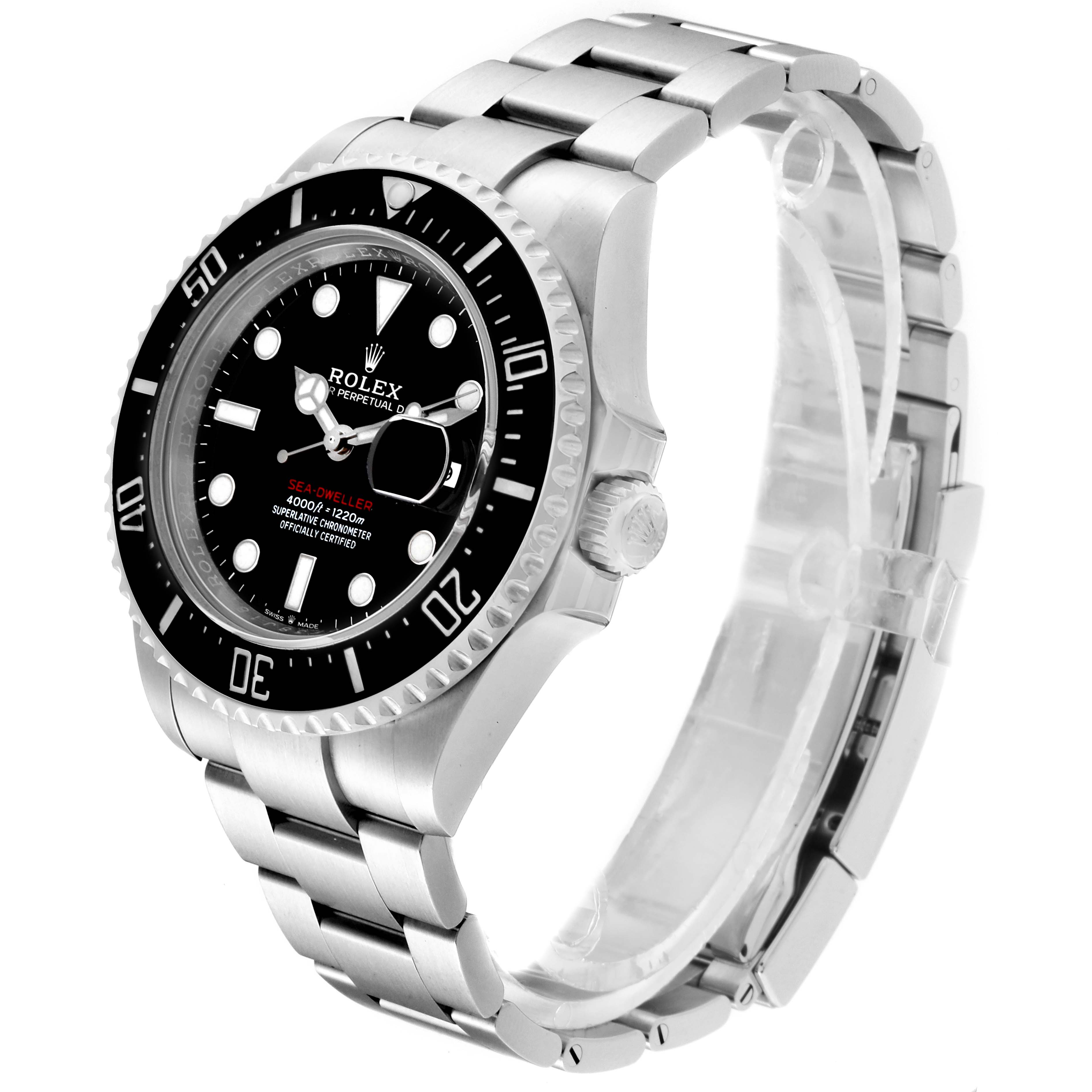 This image shows a Sea-Dweller Rolex watch from a front-quarter angle, featuring the dial, bezel, bracelet, and crown.