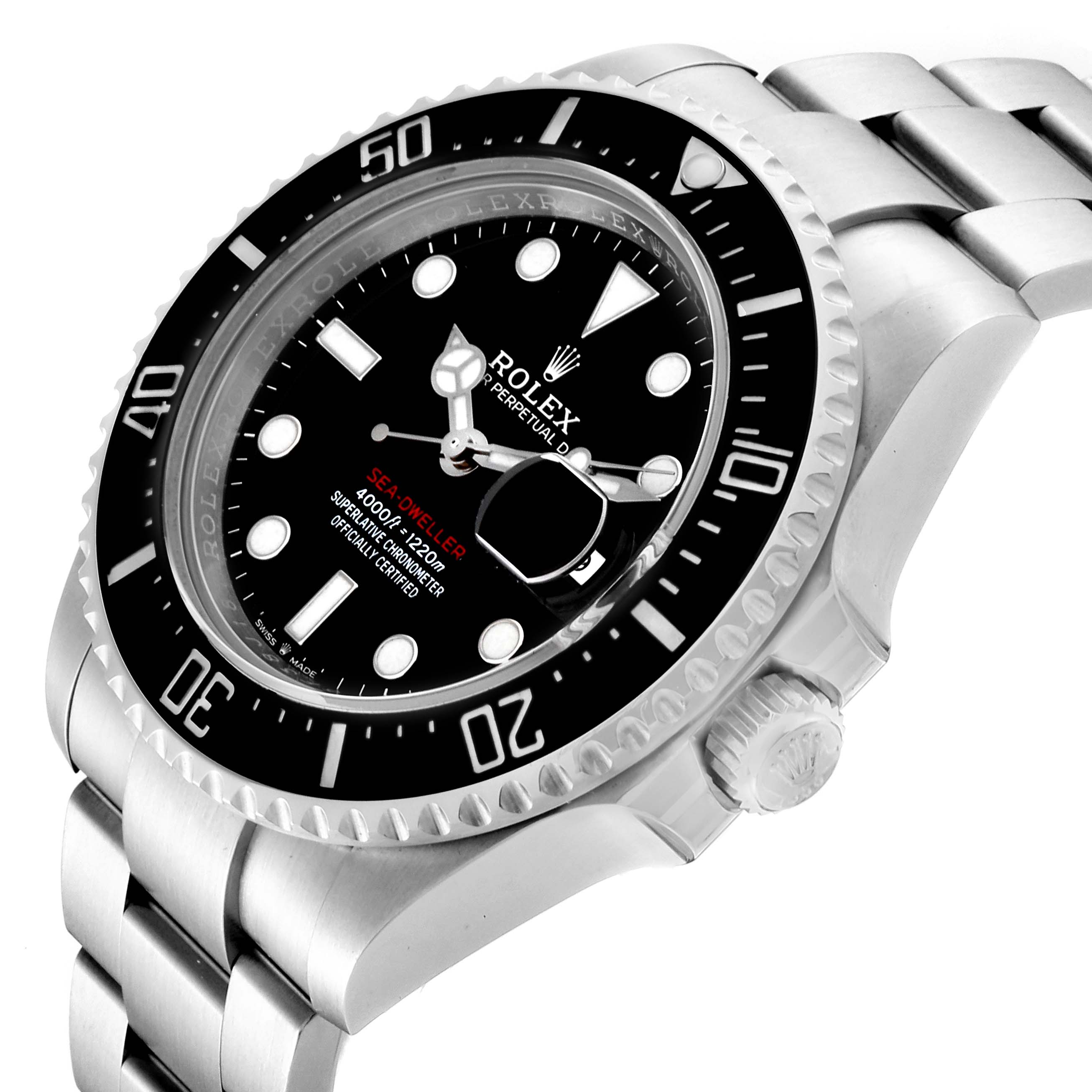 The image shows a Rolex Sea-Dweller 126600 Men
s Stainless Steel Black Dial 126600 Men
s Stainless Steel Black Dial watch in a three-quarter angle displaying the face, bezel, crown, and bracelet.