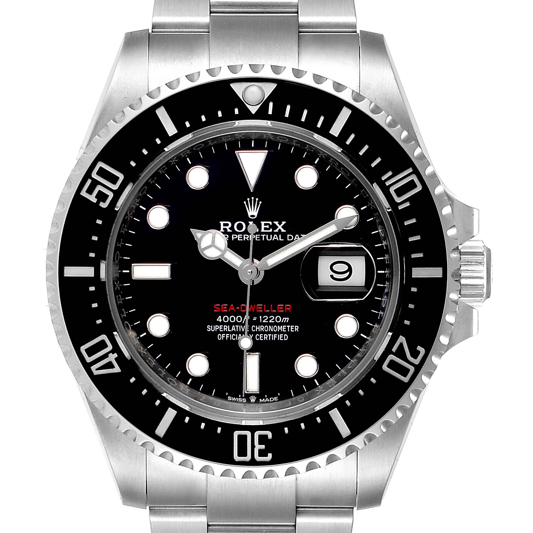 The image shows a front view of the Rolex Sea-Dweller 126600 Men
s Stainless Steel Black Dial 126600 Men
s Stainless Steel Black Dial watch, displaying its dial, bezel, crown, and bracelet.