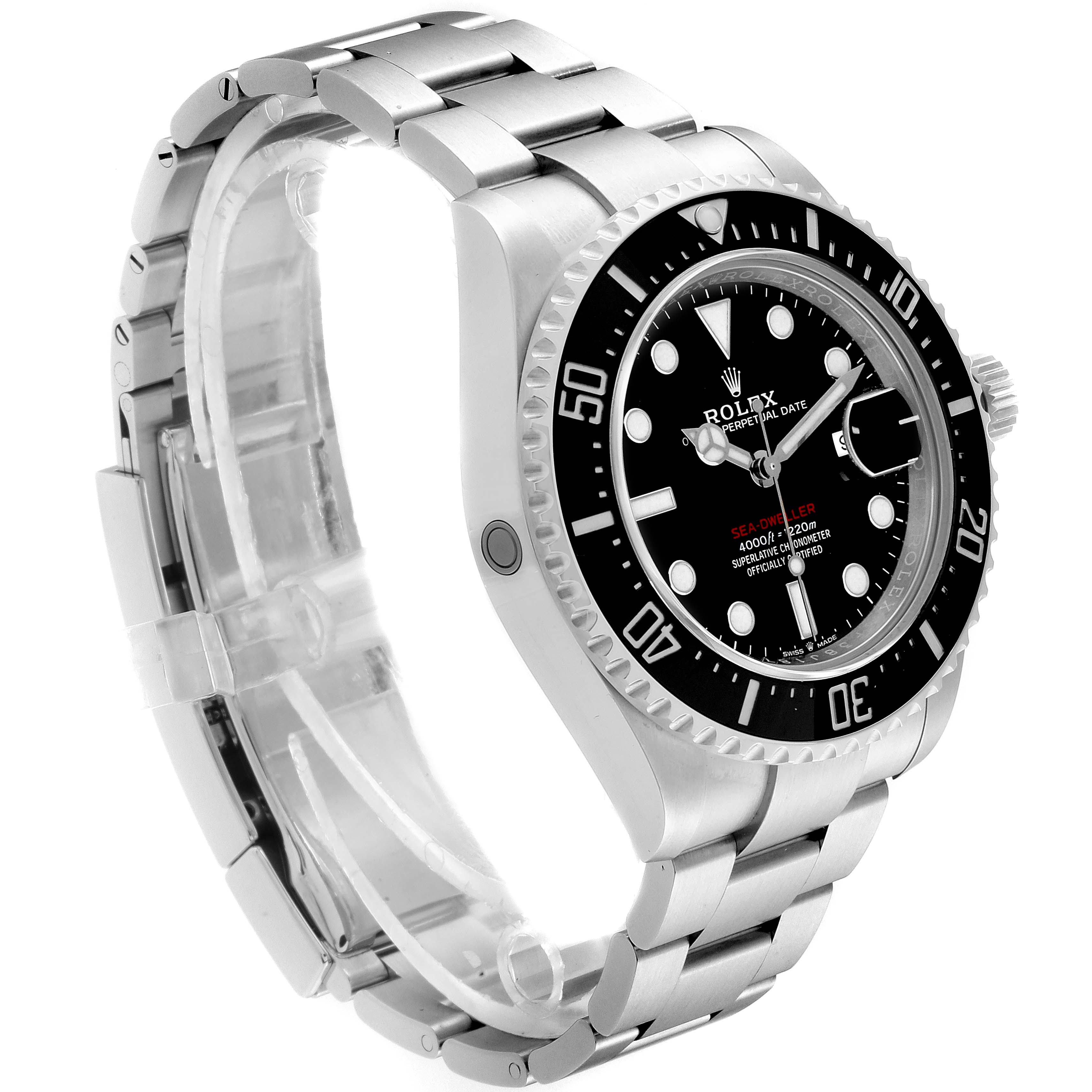 This image shows a side angle of the Rolex Sea-Dweller 126600 Men
s Stainless Steel Black Dial 126600 Men
s Stainless Steel Black Dial watch, displaying the bracelet, bezel, dial, and crown.