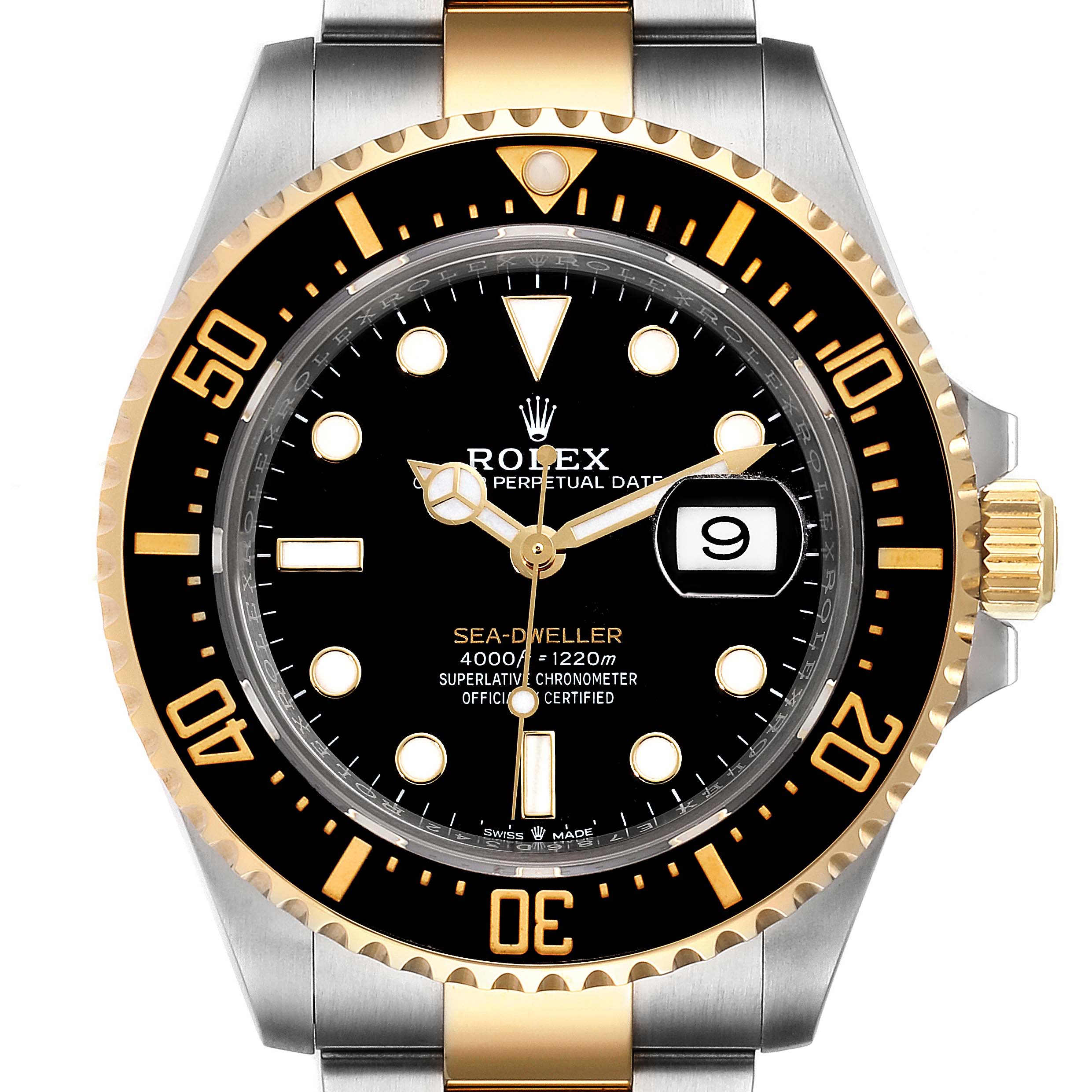 The image shows a front view of a Rolex Sea-Dweller 126603 Men's Steel and Gold (two tone) Black Dial 126603 Men's Steel and Gold (two tone) Black Dial watch, displaying the dial, bezel, and part of the bracelet.