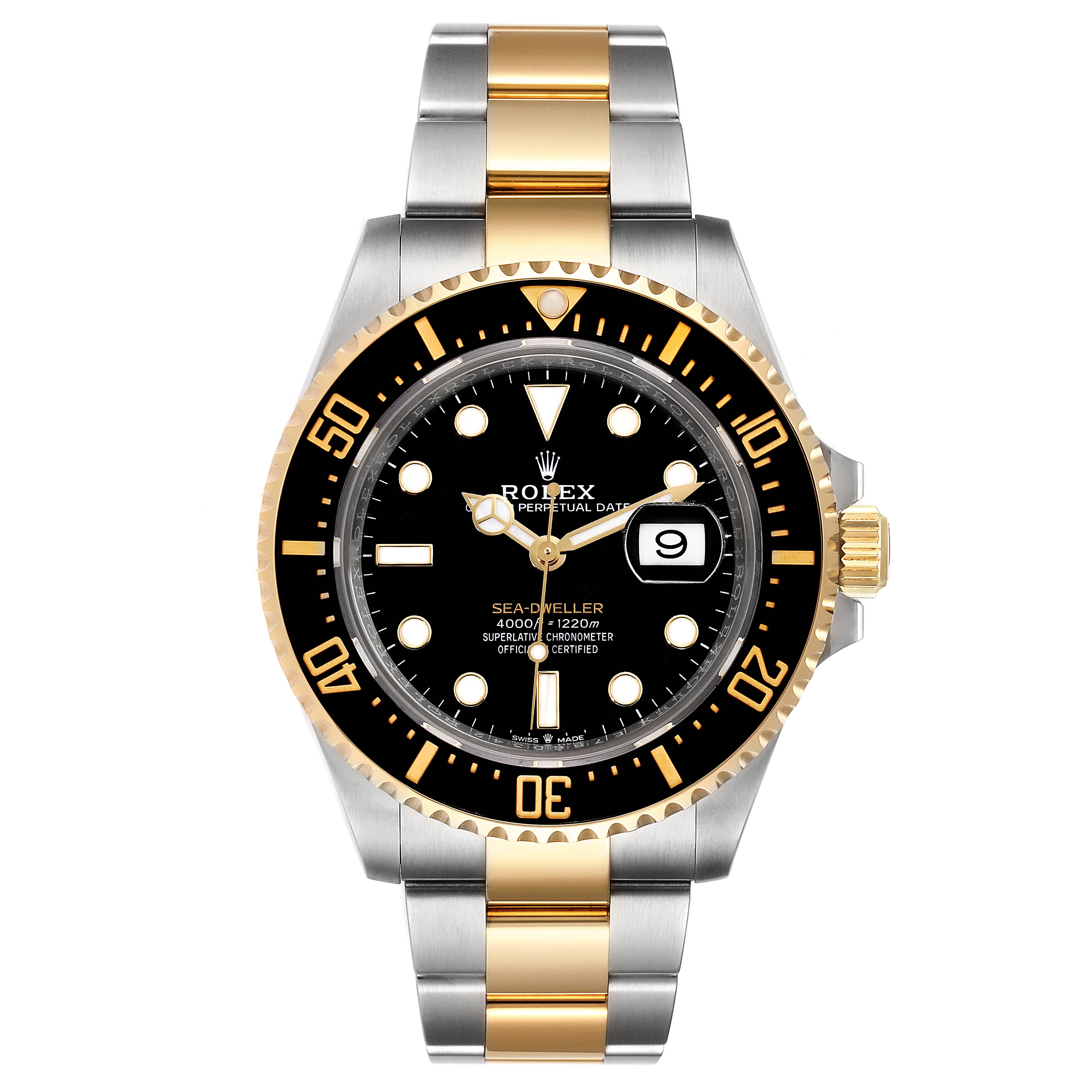 This image shows a front view of the Rolex Sea-Dweller 126603 Men's Steel and Gold (two tone) Black Dial 126603 Men's Steel and Gold (two tone) Black Dial watch, highlighting its dial, bezel, and two-tone bracelet.