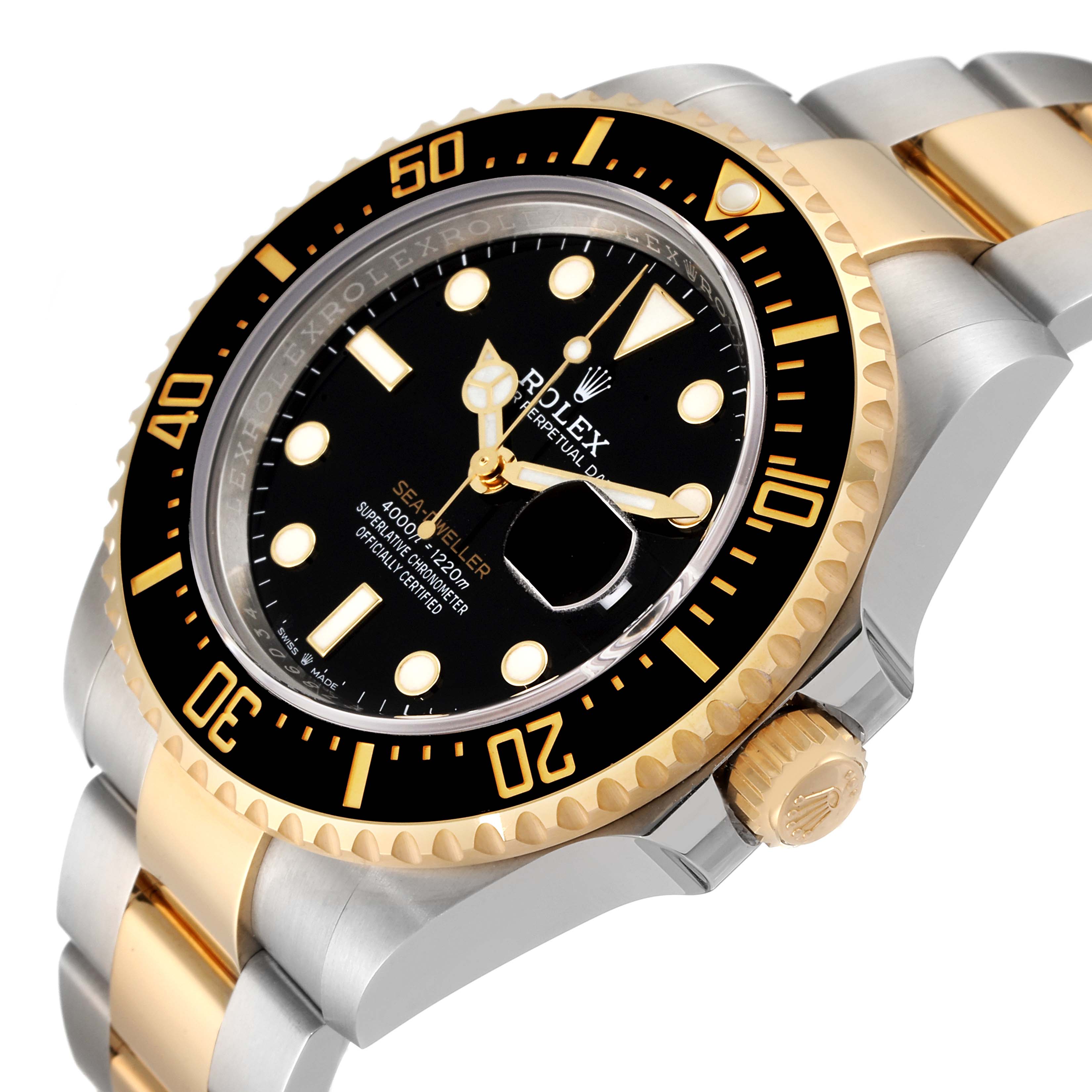 The image shows a close-up view of the Rolex Sea-Dweller 126603 Men's Steel and Gold (two tone) Black Dial 126603 Men's Steel and Gold (two tone) Black Dial watch, displaying its face, bezel, and part of the bracelet.