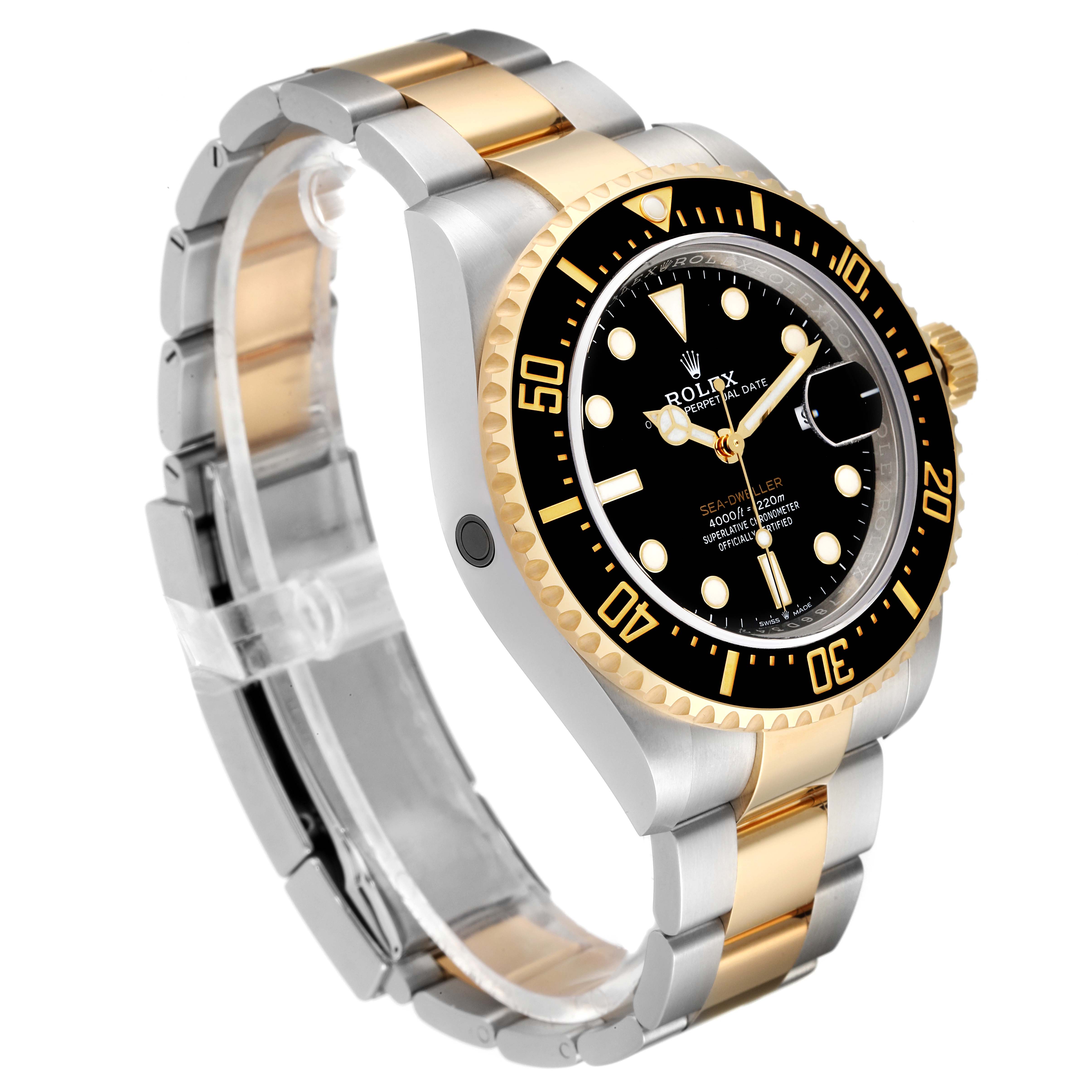 The image shows a Rolex Sea-Dweller 126603 Men's Steel and Gold (two tone) Black Dial 126603 Men's Steel and Gold (two tone) Black Dial watch at a slight angle, highlighting its face, bezel, and two-tone bracelet.