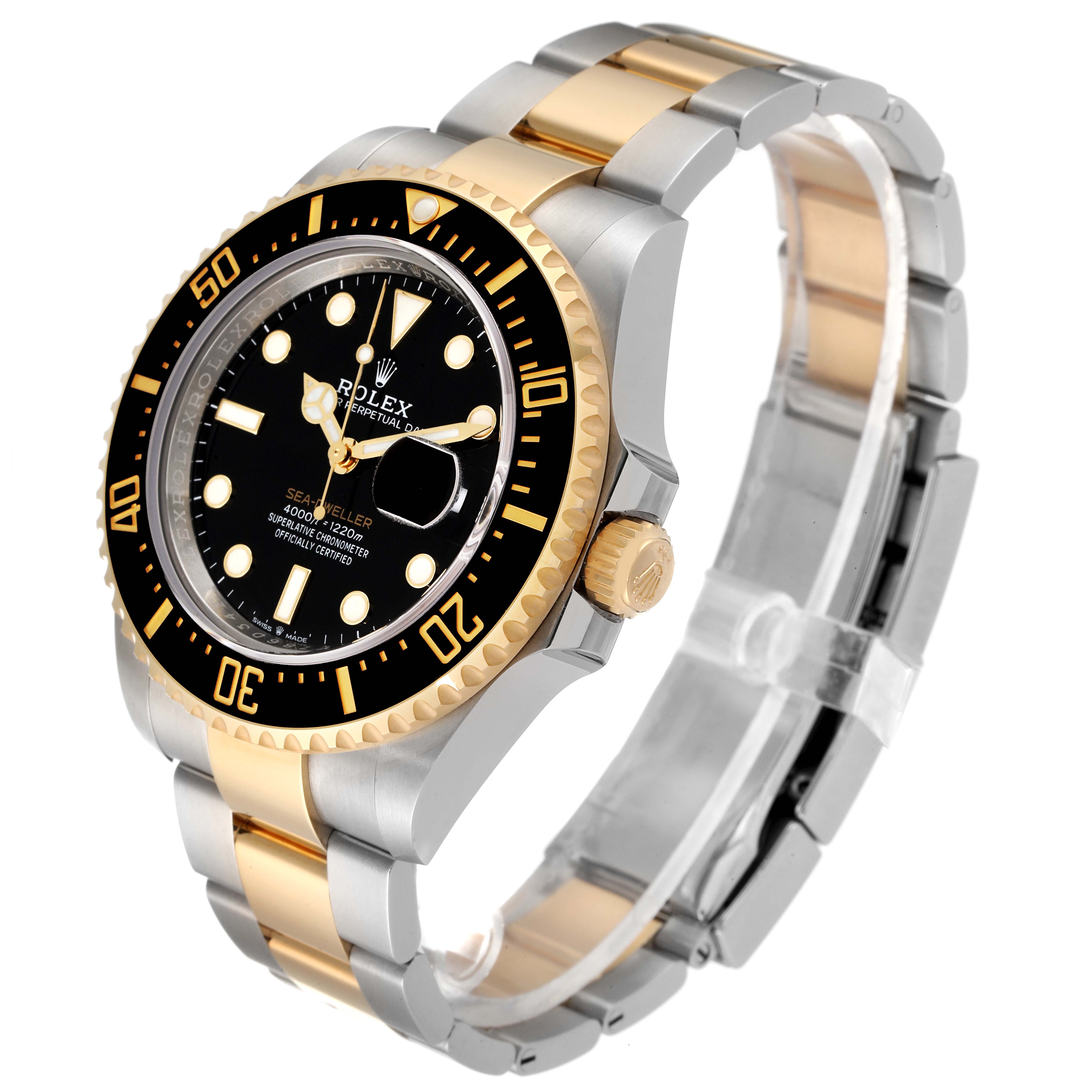 This image shows a side-angle view of a Rolex Sea-Dweller 126603 Men's Steel and Gold (two tone) Black Dial 126603 Men's Steel and Gold (two tone) Black Dial watch, highlighting its two-tone metal bracelet and black bezel with gold accents.