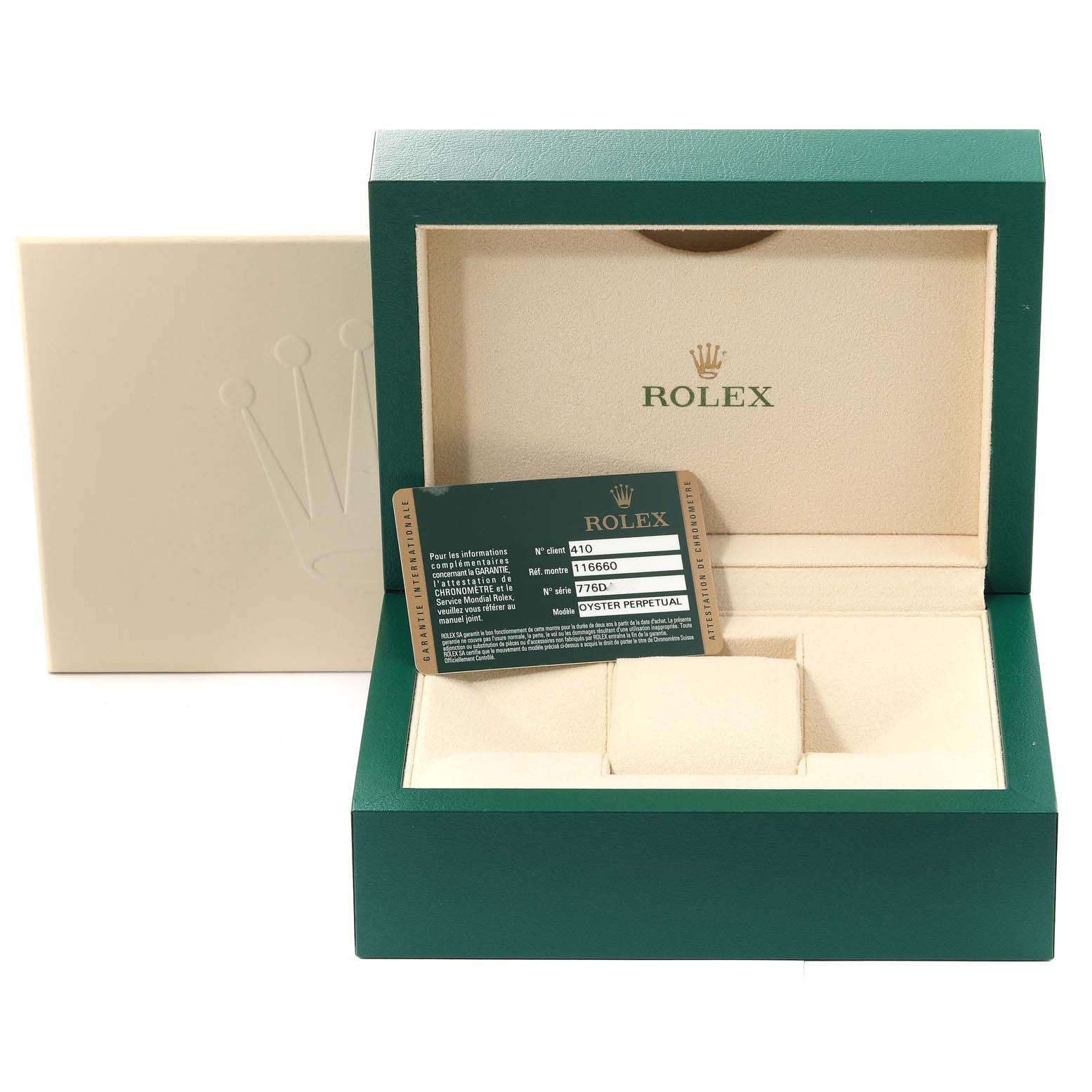 A Rolex Sea-Dweller 116660 Men
s Stainless Steel Black Dial 116660 Men
s Stainless Steel Black Dial watch box is partially open, showing the inner padding and a Rolex warranty card.