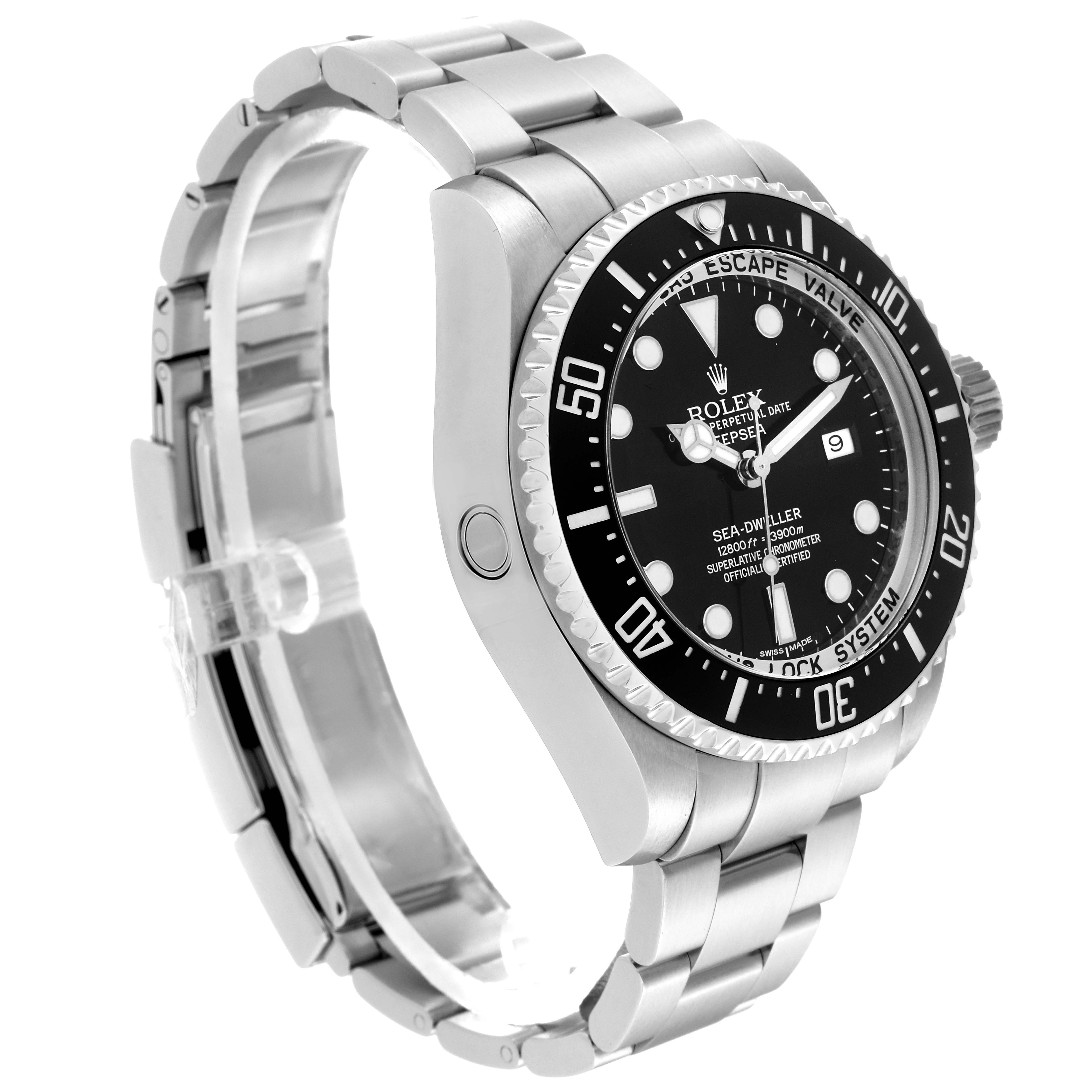 The image shows a side view of the Rolex Sea-Dweller 116660 Men
s Stainless Steel Black Dial 116660 Men
s Stainless Steel Black Dial watch, displaying the dial, bezel, and bracelet.