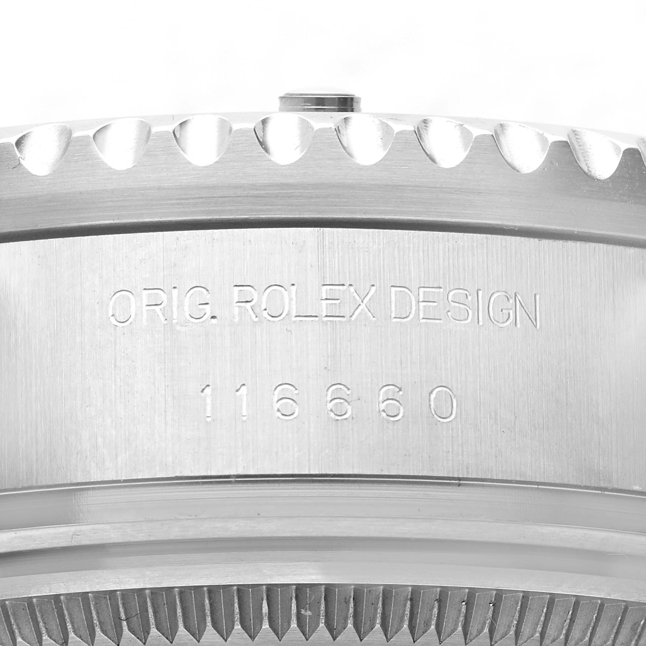 This image shows the side of the case and bezel of a Rolex Sea-Dweller 116660 Men
s Stainless Steel Black Dial 116660 Men
s Stainless Steel Black Dial watch, featuring its design and model number engraving.