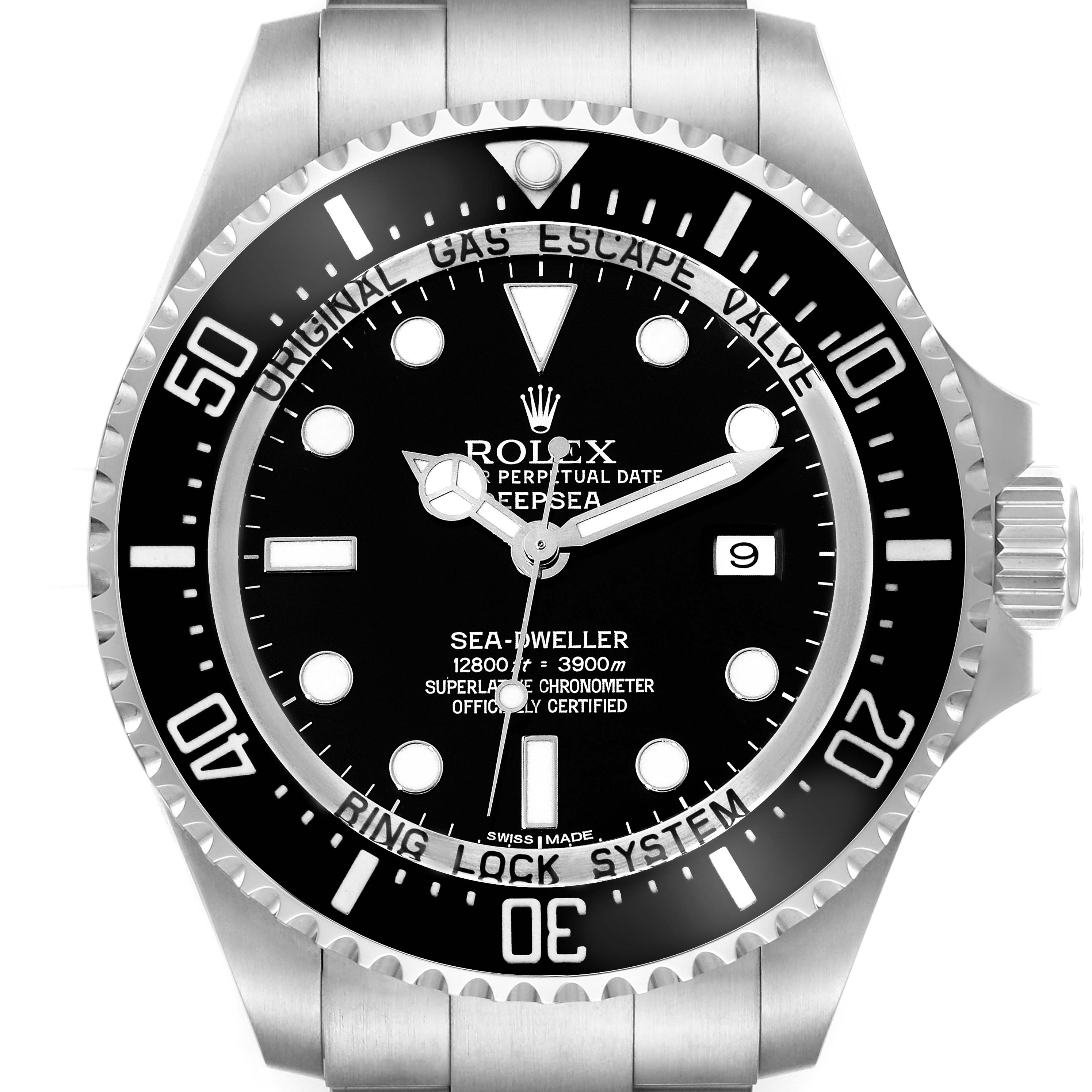 This image shows a frontal view of a Rolex Sea-Dweller 116660 Men
s Stainless Steel Black Dial 116660 Men
s Stainless Steel Black Dial watch, highlighting the face, bezel, and part of the bracelet.