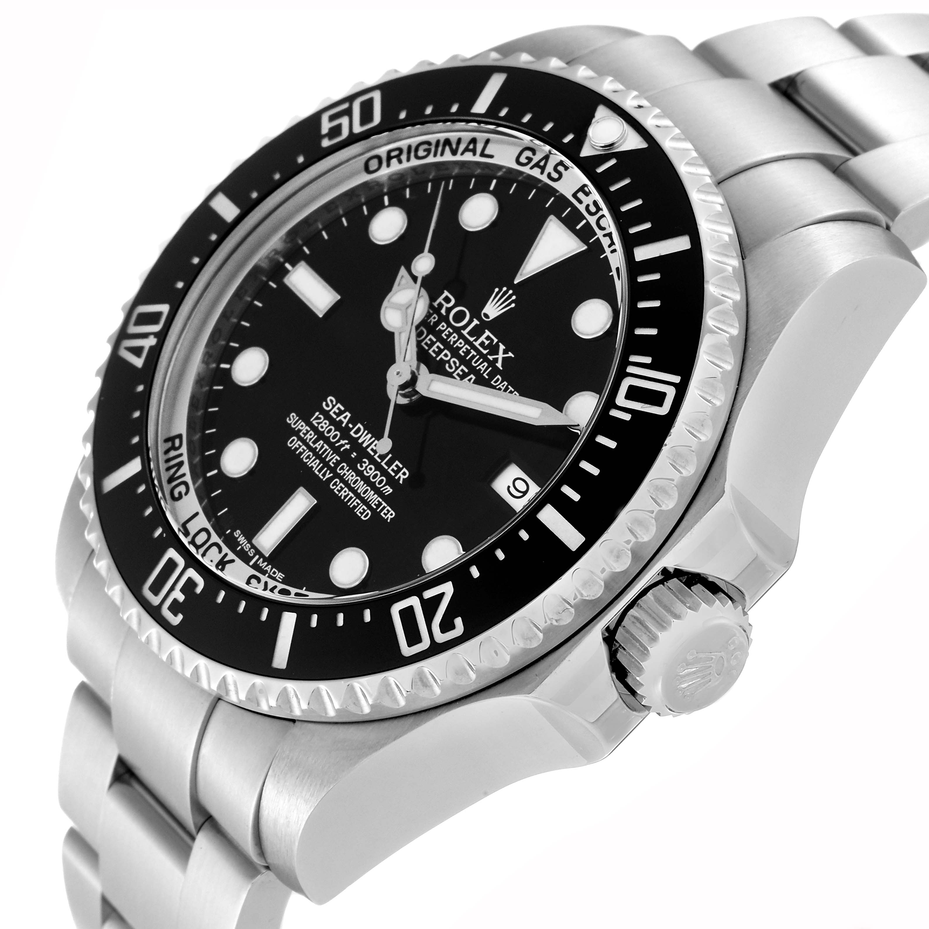 This image shows a close-up of the Rolex Sea-Dweller 116660 Men
s Stainless Steel Black Dial 116660 Men
s Stainless Steel Black Dial watch angled from the side, highlighting the bezel, dial, crown, and part of the bracelet.