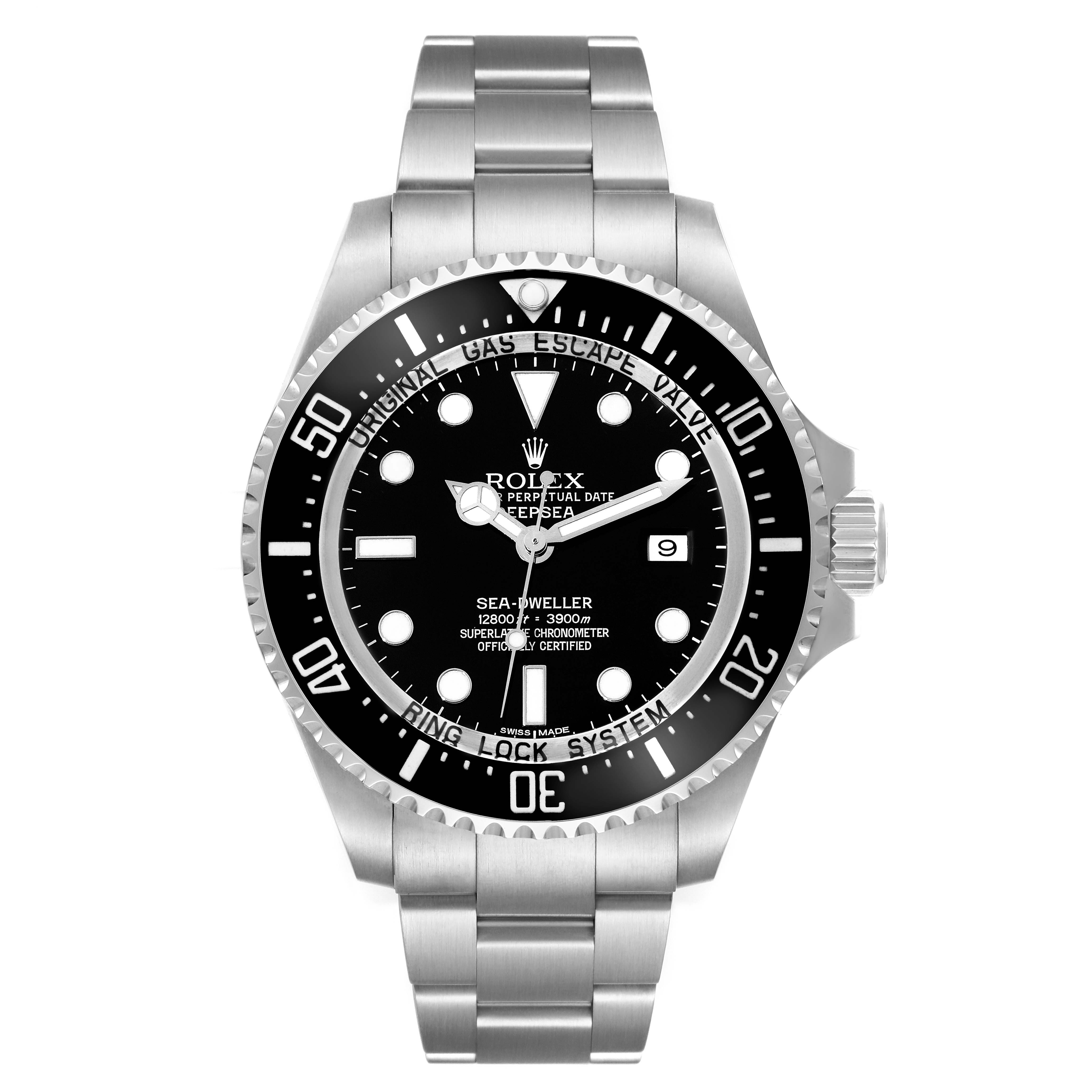 The image shows a front view of the Rolex Sea-Dweller 116660 Men
s Stainless Steel Black Dial 116660 Men
s Stainless Steel Black Dial watch, highlighting its dial, bezel, and metal bracelet.