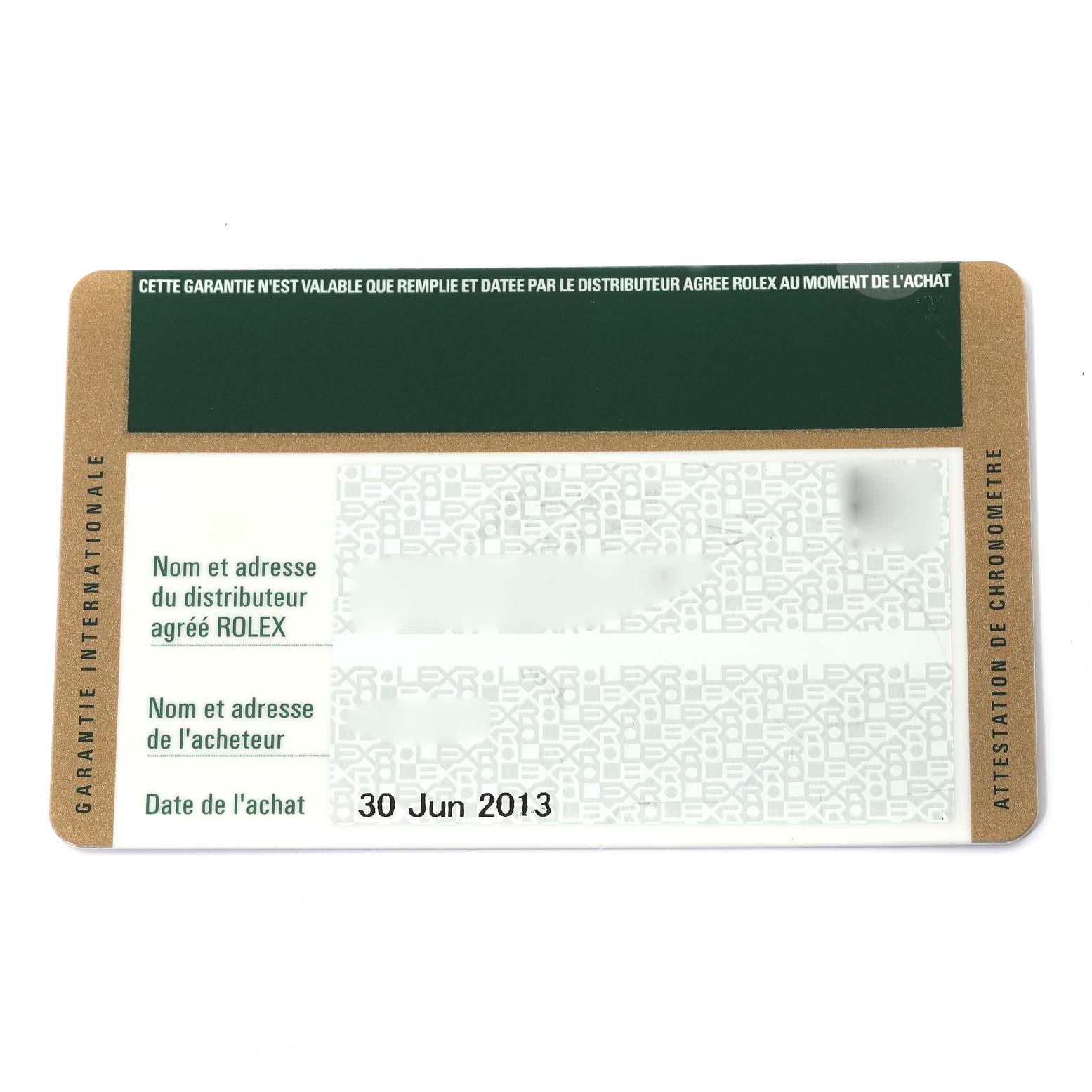 The image shows a guarantee card for a Rolex Sea-Dweller 116660 Men
s Stainless Steel Black Dial 116660 Men
s Stainless Steel Black Dial, with details about purchase date and distributor information.