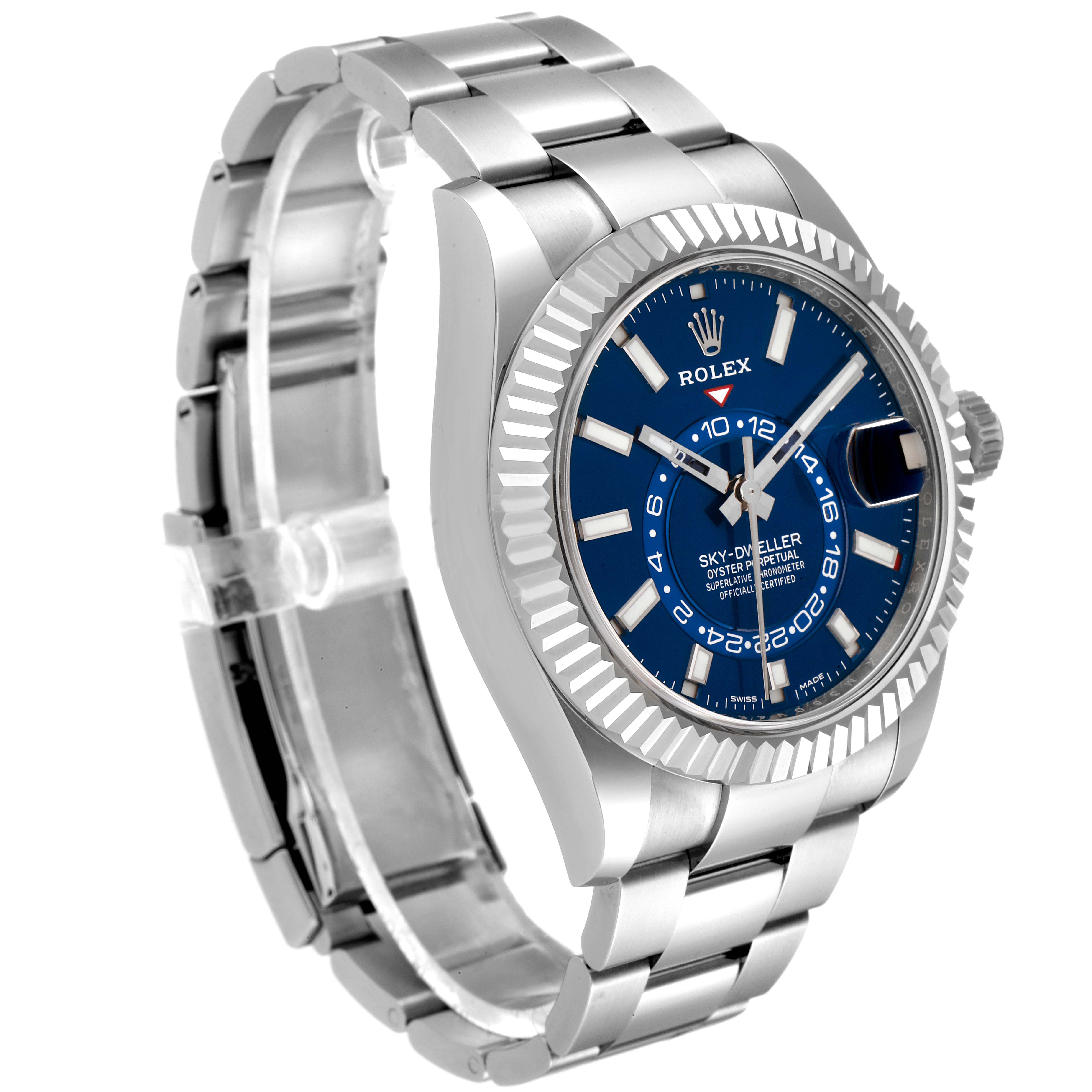 This image shows a Rolex Sky-Dweller 326934 Men's Stainless Steel Blue Dial 326934 Men's Stainless Steel Blue Dial watch at a 3/4 angle, highlighting the face, bezel, crown, and bracelet.