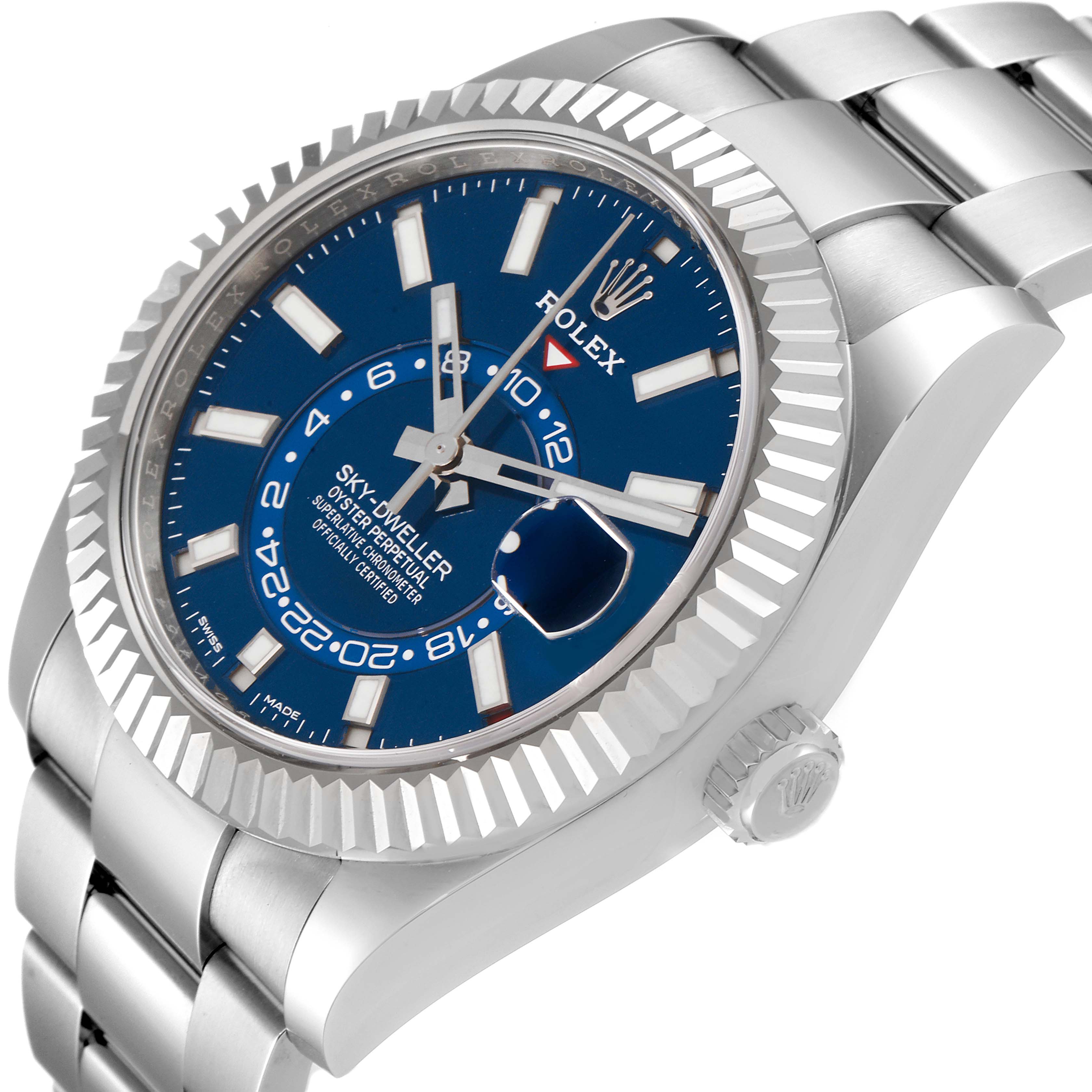The image shows a close-up, angled view of the Rolex Sky-Dweller 326934 Men's Stainless Steel Blue Dial 326934 Men's Stainless Steel Blue Dial watch, highlighting its blue dial, bezel, and part of the bracelet.