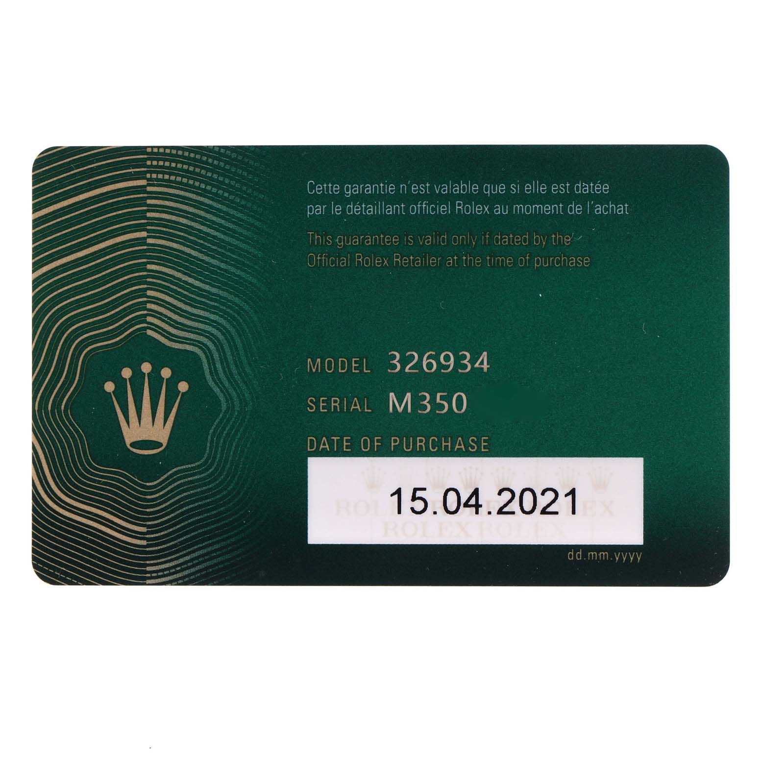 The image shows a green warranty card for the Rolex Sky-Dweller 326934 Men's Stainless Steel Blue Dial 326934 Men's Stainless Steel Blue Dial model with the model number, serial number, and date of purchase.