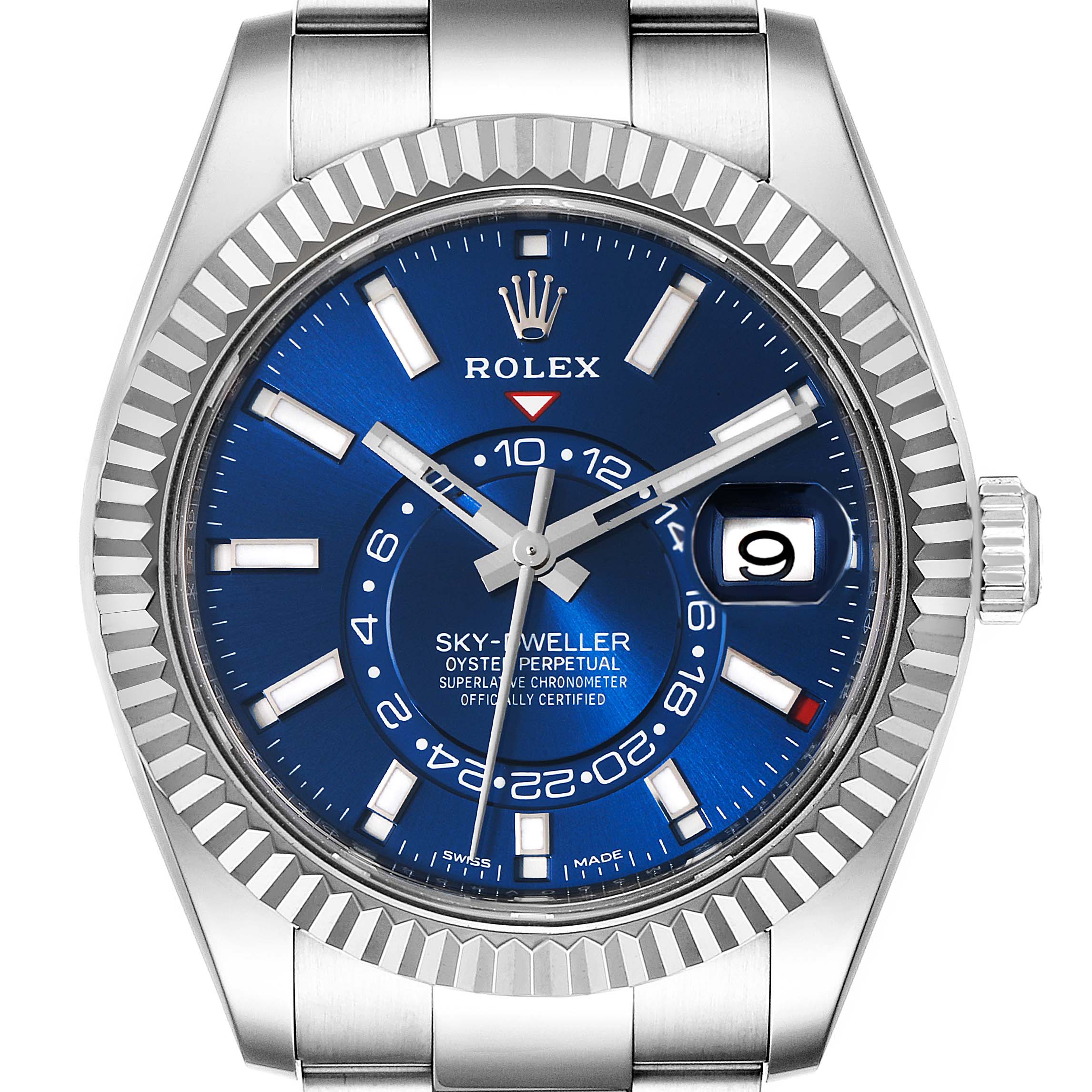 This image shows a front view of the Rolex Sky-Dweller 326934 Men's Stainless Steel Blue Dial 326934 Men's Stainless Steel Blue Dial watch, featuring a blue dial, fluted bezel, and an oyster bracelet.