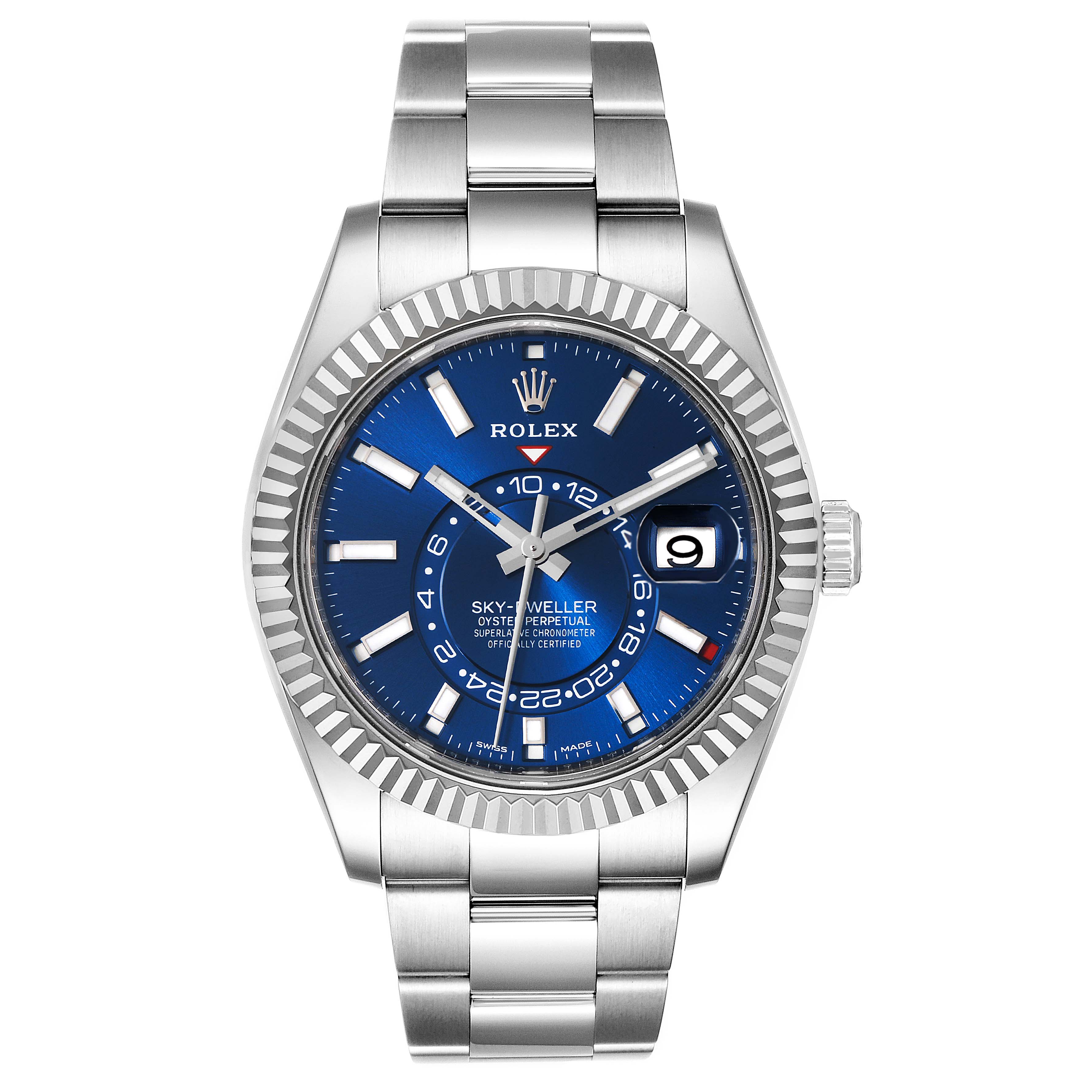 This image shows a front view of a Rolex Sky-Dweller 326934 Men's Stainless Steel Blue Dial 326934 Men's Stainless Steel Blue Dial watch, displaying its blue dial, fluted bezel, and metal bracelet.