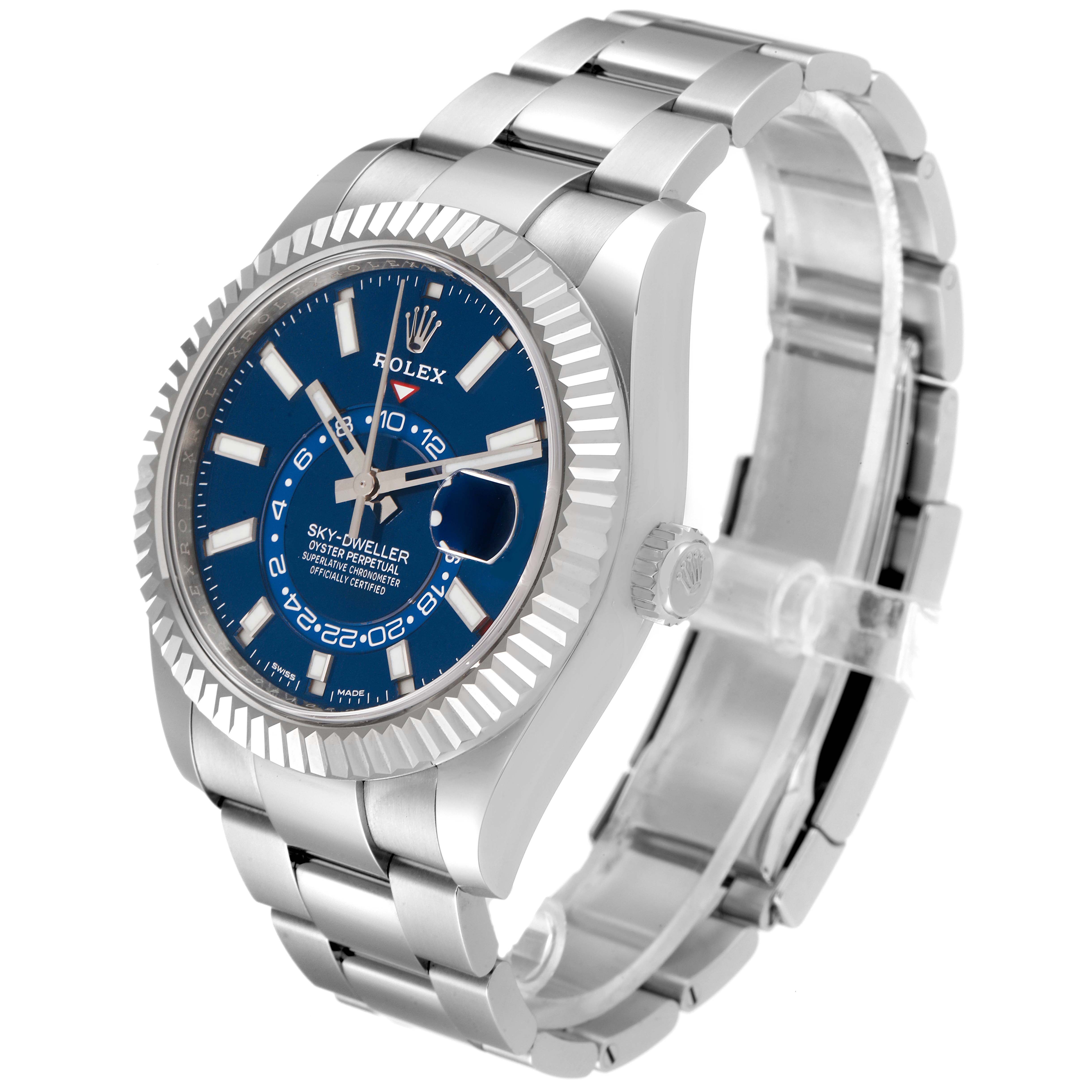 The Rolex Sky-Dweller 326934 Men's Stainless Steel Blue Dial 326934 Men's Stainless Steel Blue Dial watch is shown at an angled view, highlighting the blue dial, bezel, and stainless steel bracelet.