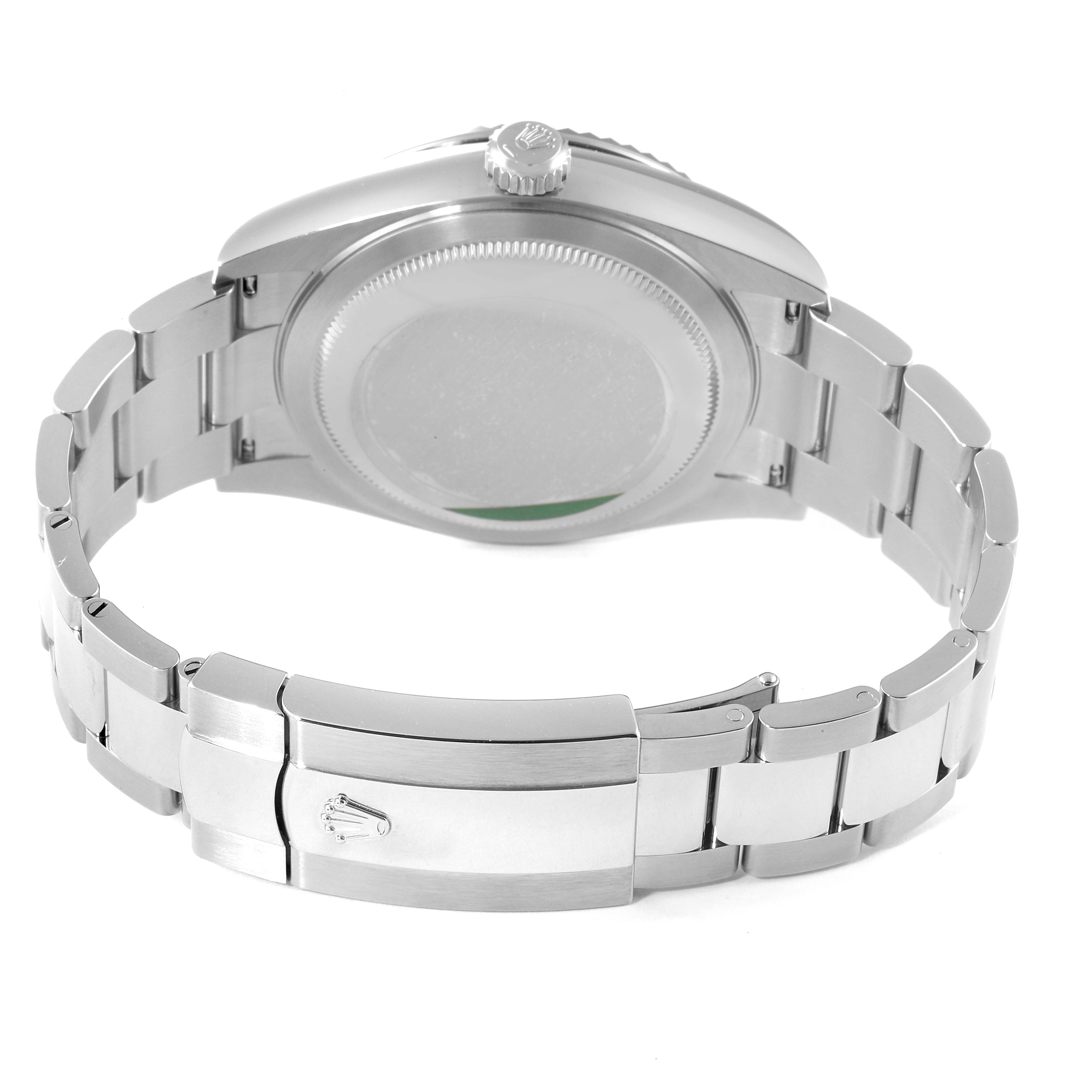 The image shows the backside and bracelet of a Rolex Sky-Dweller 326934 Men's Stainless Steel Blue Dial 326934 Men's Stainless Steel Blue Dial watch, including the case back and the clasp.