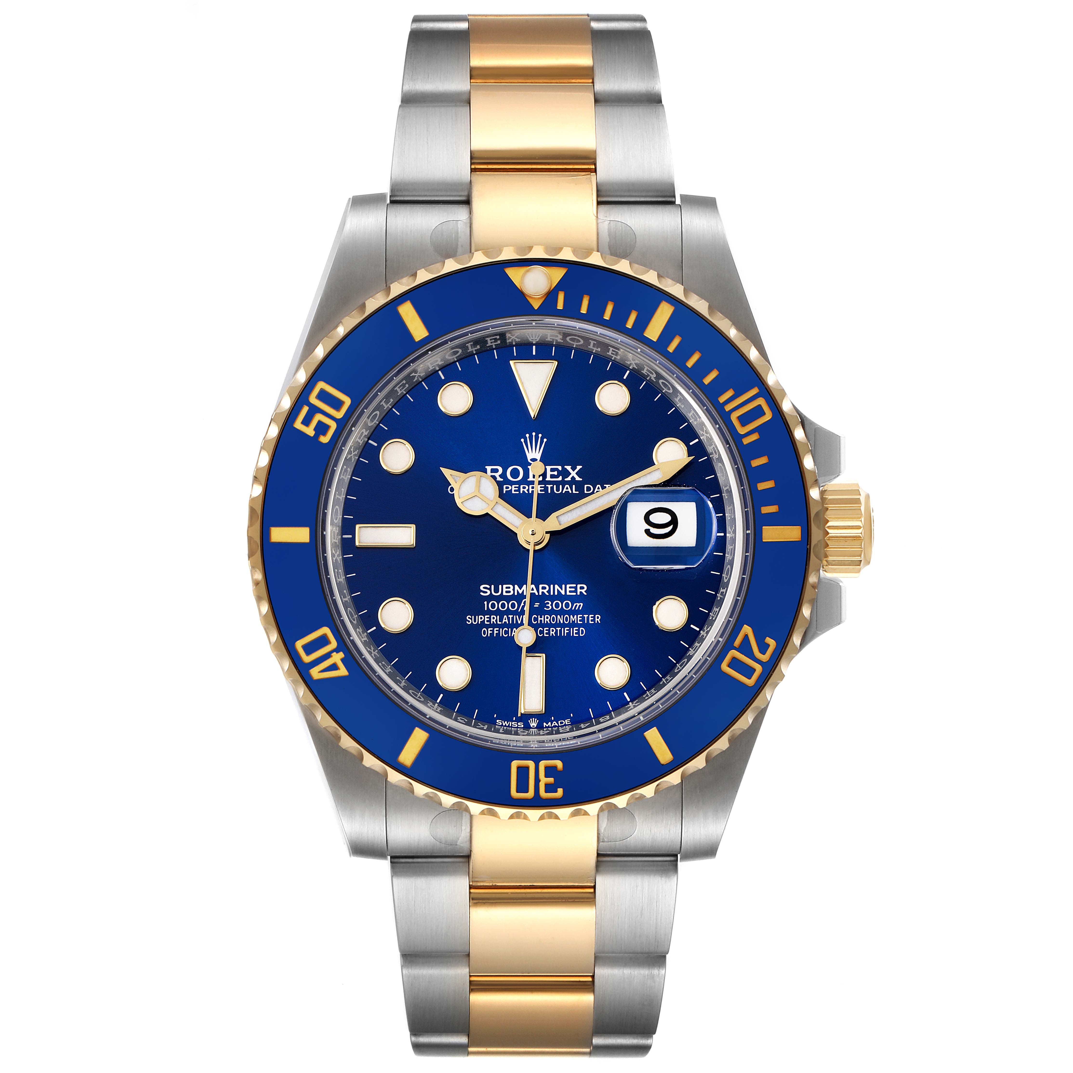 This image shows a front view of the Rolex Submariner 126613 Men's Steel and Gold (two tone) Blue Dial 126613 Men's Steel and Gold (two tone) Blue Dial watch with a blue dial and gold-accented stainless steel bracelet.