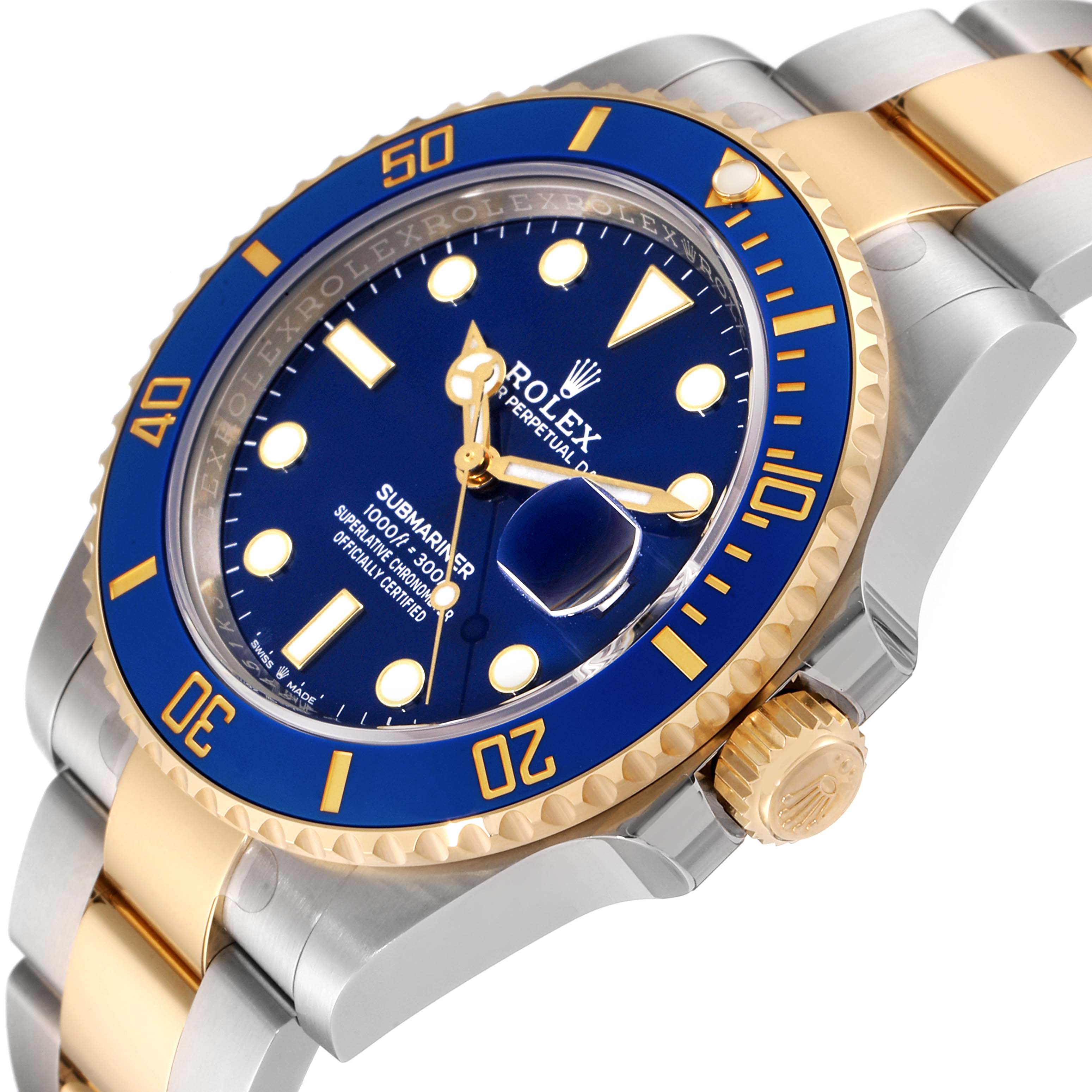 The image shows a close-up, angled view of the Rolex Submariner 126613 Men's Steel and Gold (two tone) Blue Dial 126613 Men's Steel and Gold (two tone) Blue Dial watch, highlighting its blue and gold bezel, dial, and two-tone bracelet.