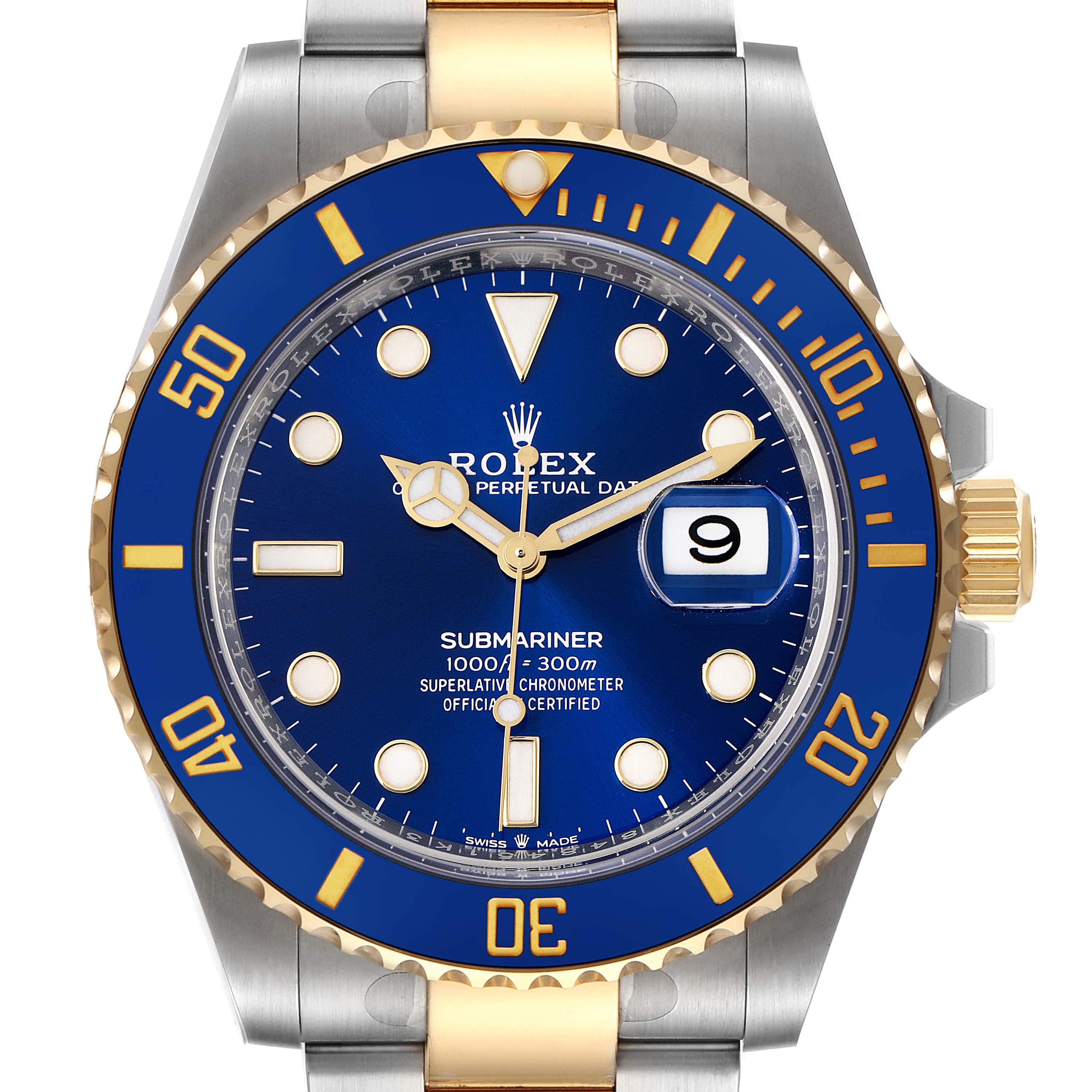 The image shows a front view of the Rolex Submariner 126613 Men's Steel and Gold (two tone) Blue Dial 126613 Men's Steel and Gold (two tone) Blue Dial watch, displaying its blue dial, bi-color bezel, and bracelet.