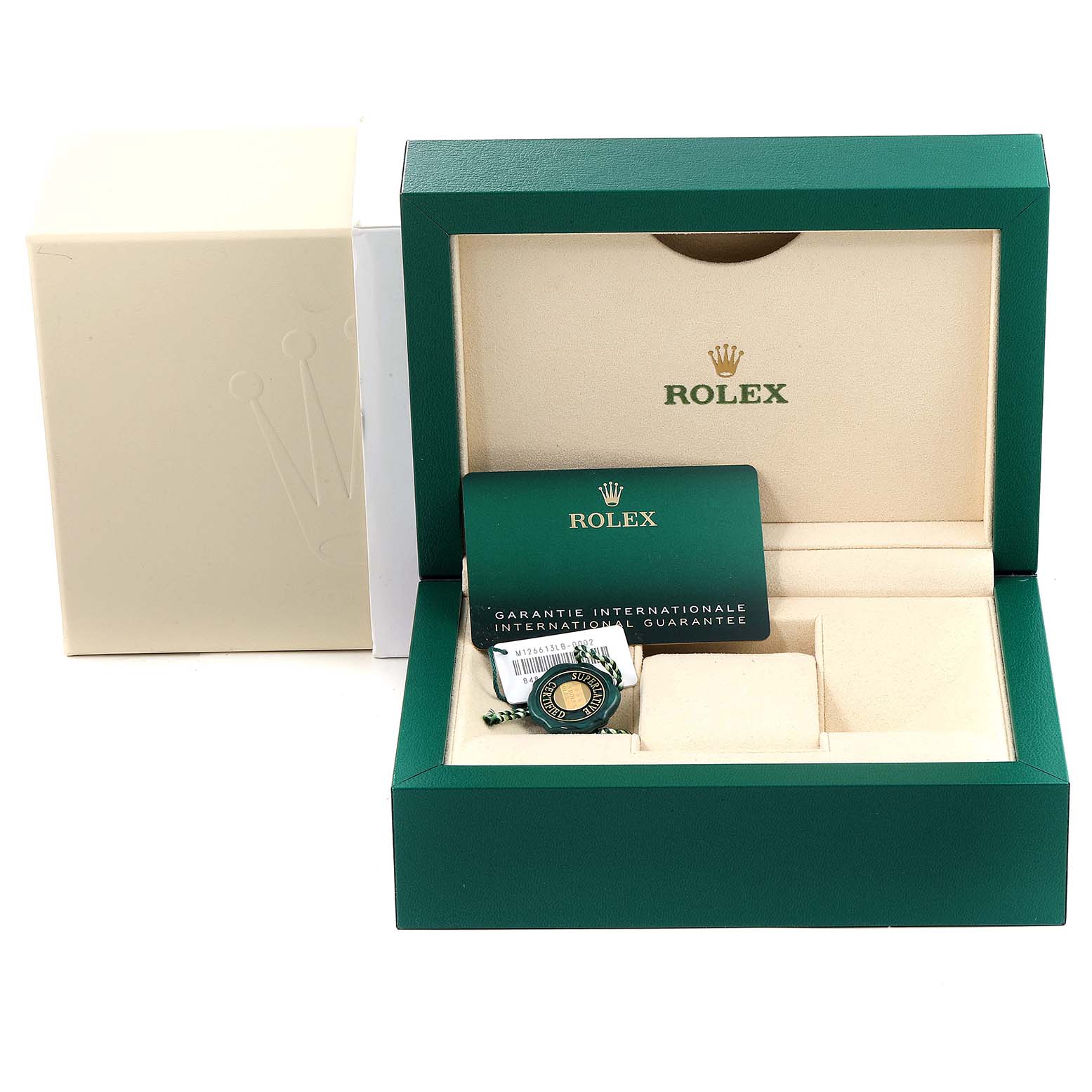 The image shows the packaging and accessories of a Rolex Submariner 126613 Men's Steel and Gold (two tone) Blue Dial 126613 Men's Steel and Gold (two tone) Blue Dial, including the box, guarantee card, and hang tag.