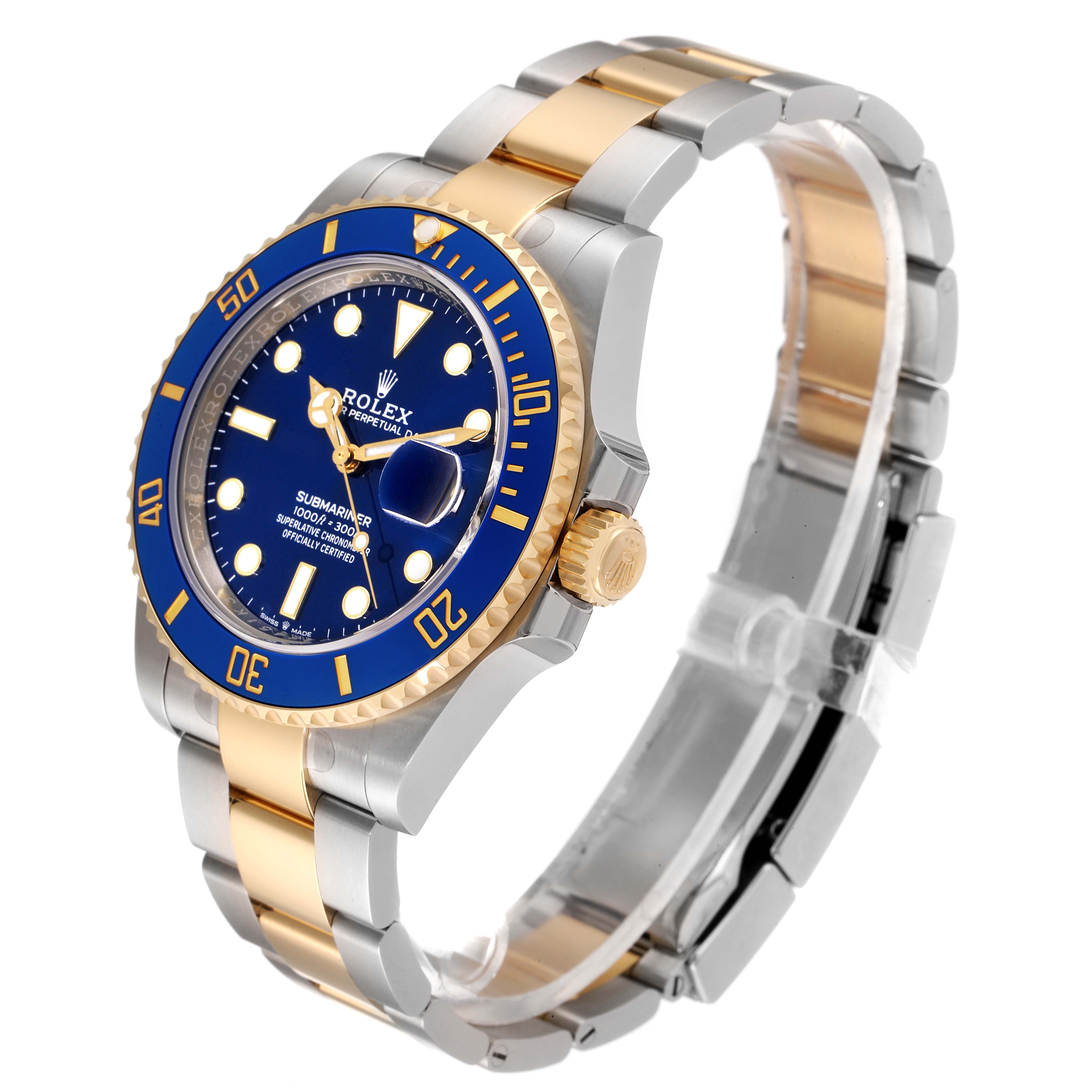 The Rolex Submariner 126613 Men's Steel and Gold (two tone) Blue Dial 126613 Men's Steel and Gold (two tone) Blue Dial watch is shown at an angle displaying its blue dial, bezel, gold crown, and two-tone bracelet.