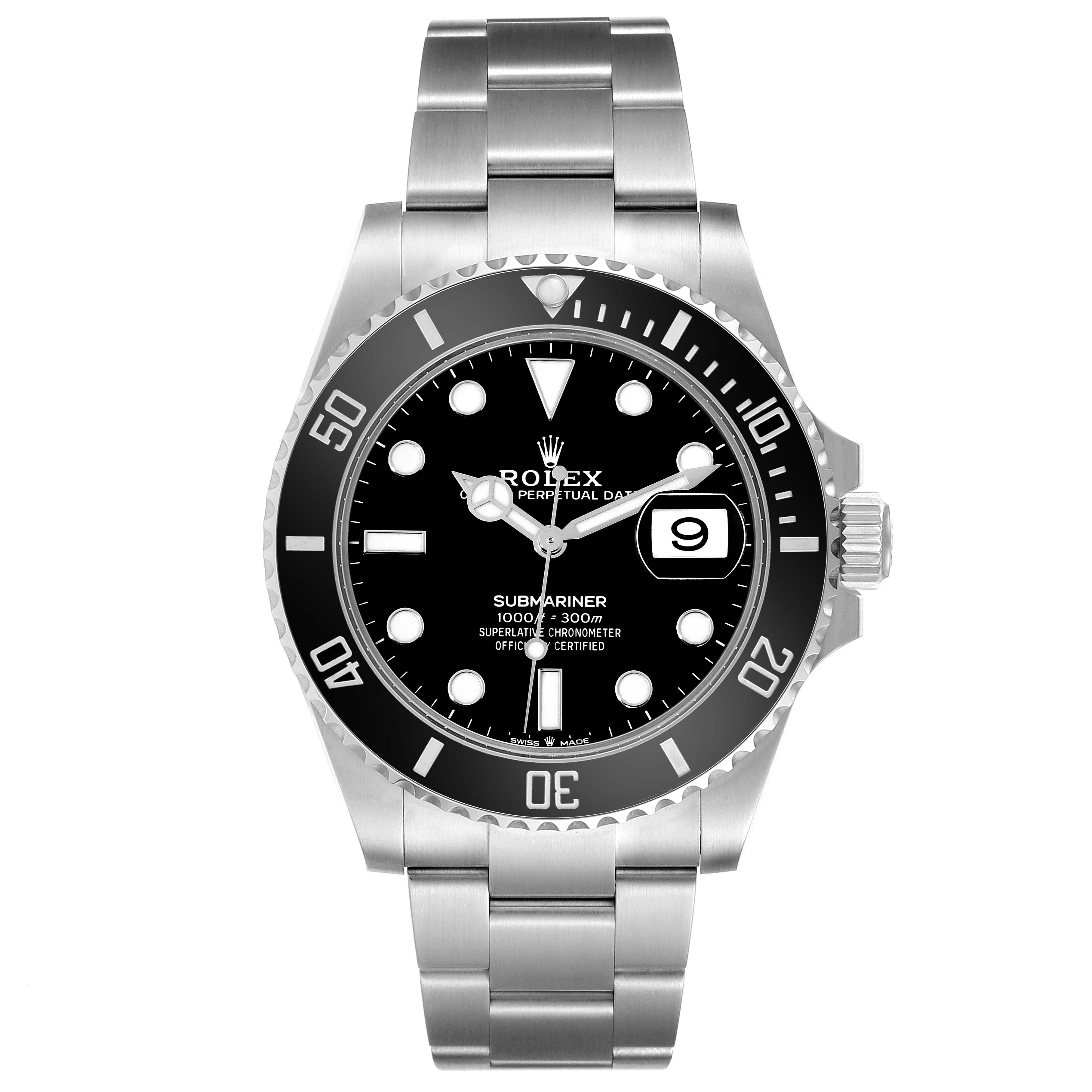 This image shows a front view of a Rolex Submariner 126610LN Men
s Stainless Steel Black Dial 126610LN Men
s Stainless Steel Black Dial watch, displaying its dial, bezel, crown, and bracelet.