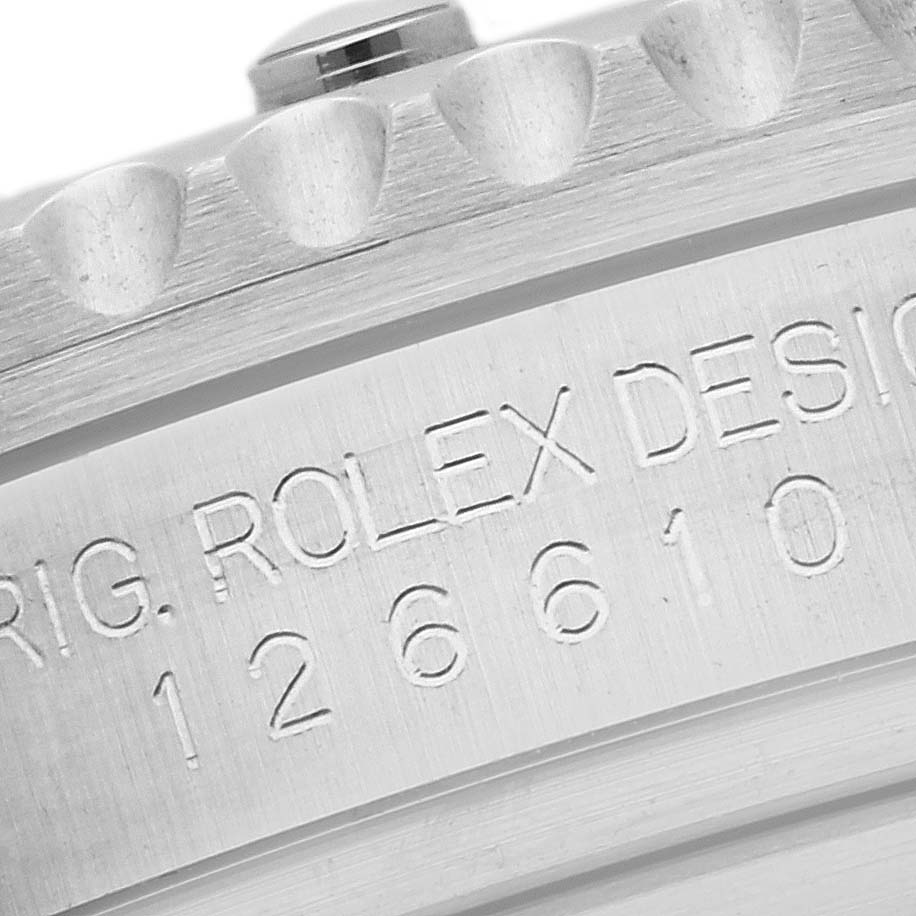 This image shows a close-up of the bezel and engraving on the side of a Rolex Submariner 126610LN Men
s Stainless Steel Black Dial 126610LN Men
s Stainless Steel Black Dial watch.