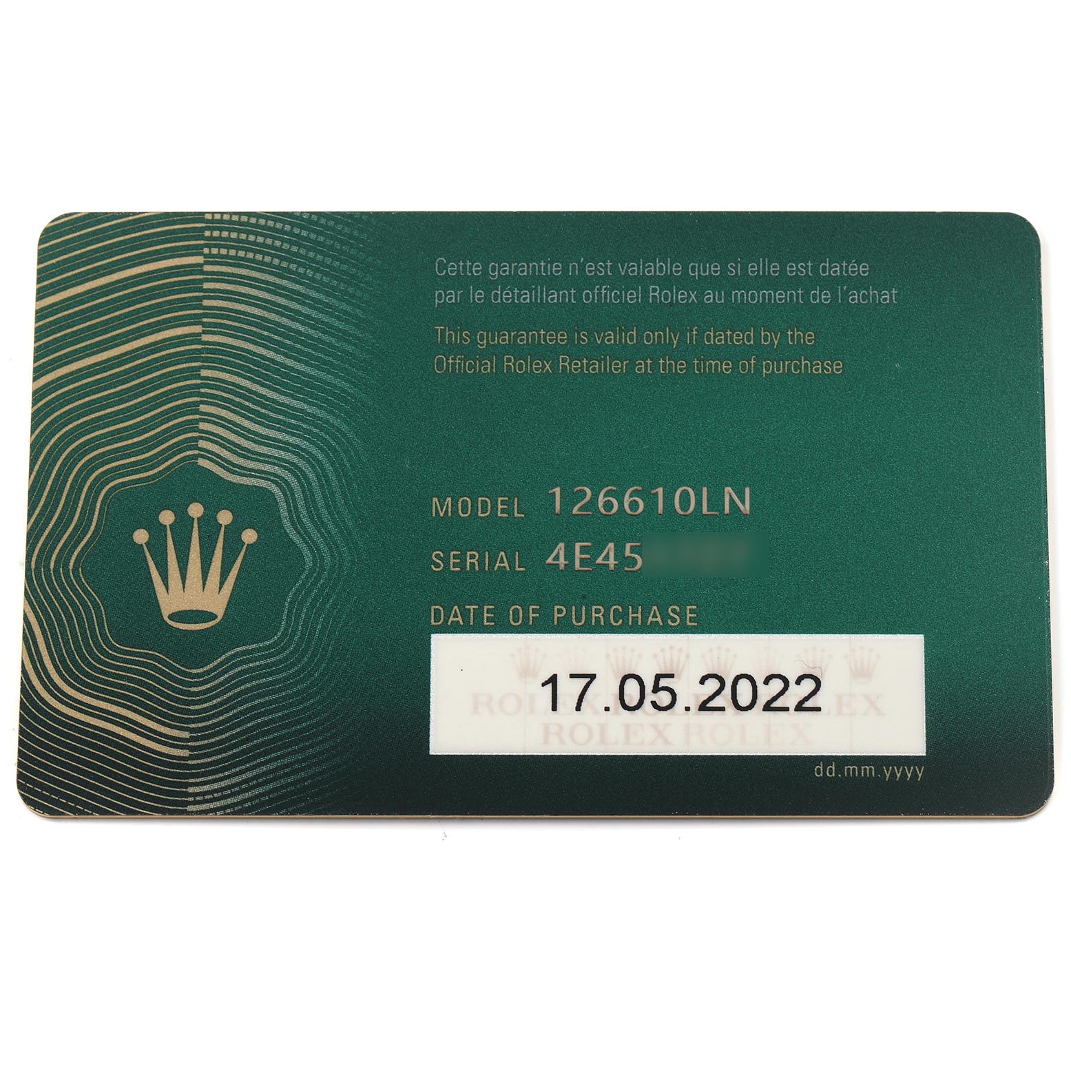 The image shows a warranty card for the Rolex Submariner 126610LN Men's Stainless Steel Black Dial 126610LN Men's Stainless Steel Black Dial model.