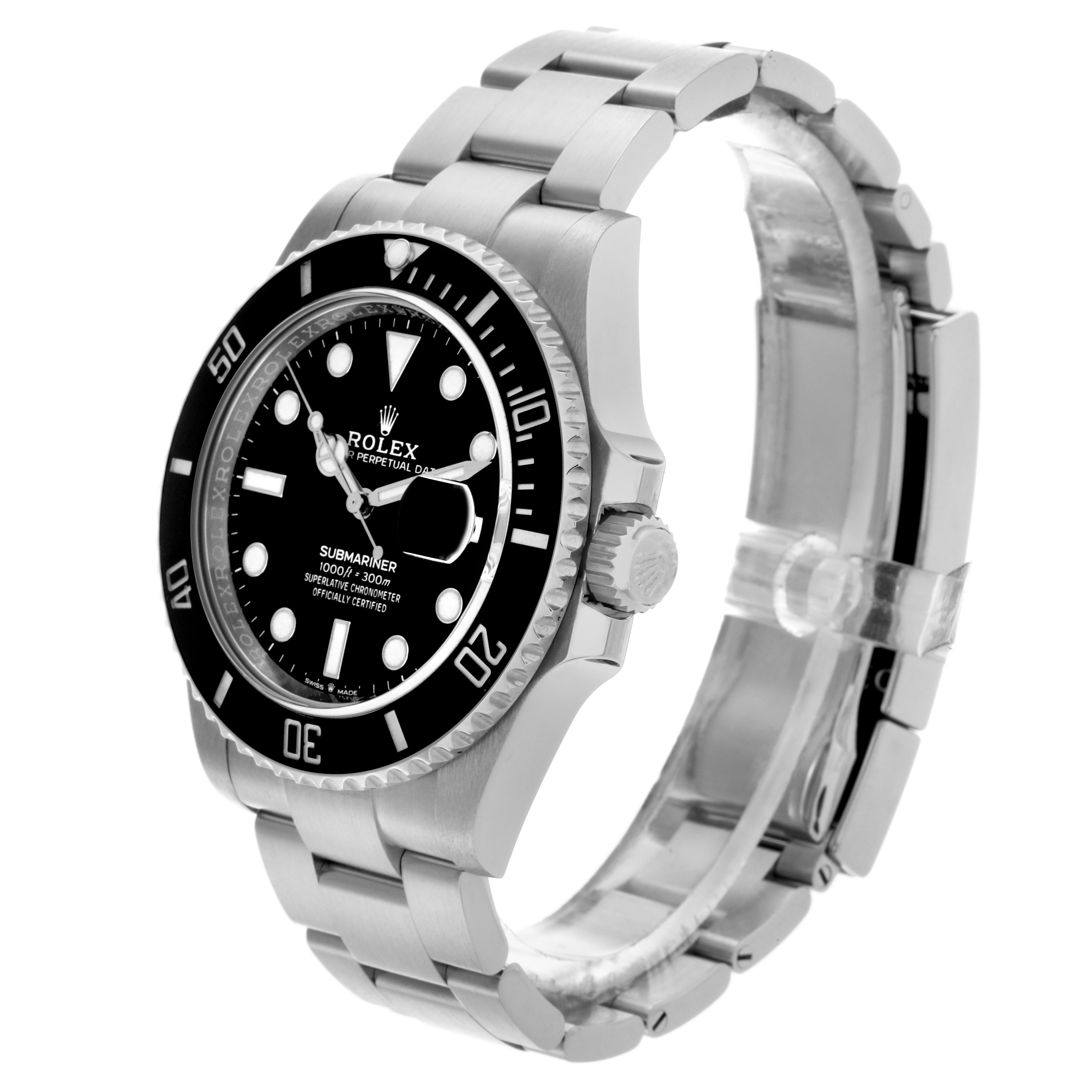 The Rolex Submariner 126610LN Men's Stainless Steel Black Dial 126610LN Men's Stainless Steel Black Dial is shown at a three-quarter angle, displaying the face, bezel, crown, and bracelet links.