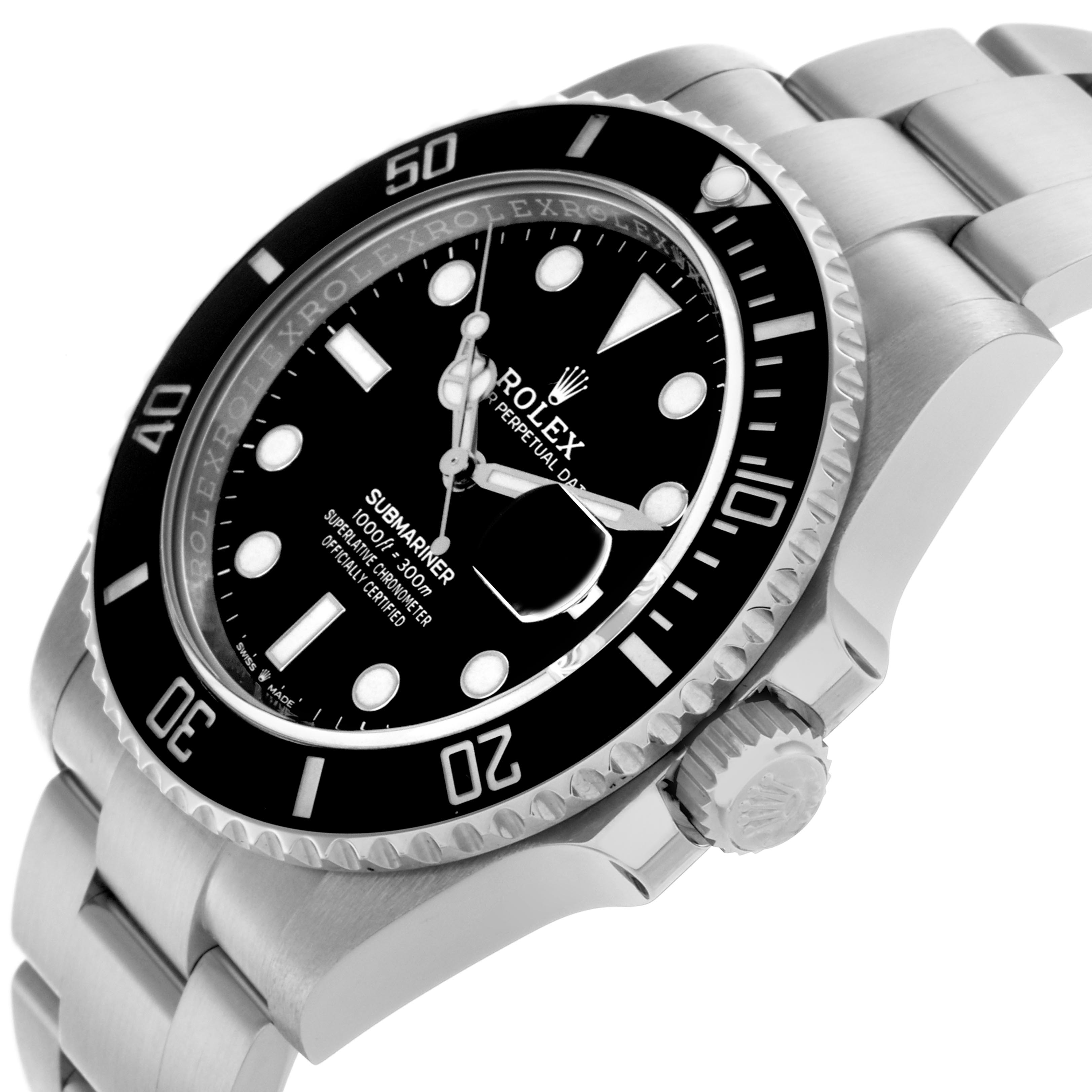 The Rolex Submariner 126610LN Men's Stainless Steel Black Dial 126610LN Men's Stainless Steel Black Dial watch is shown from a slightly tilted angle, highlighting the dial, bezel, and crown.