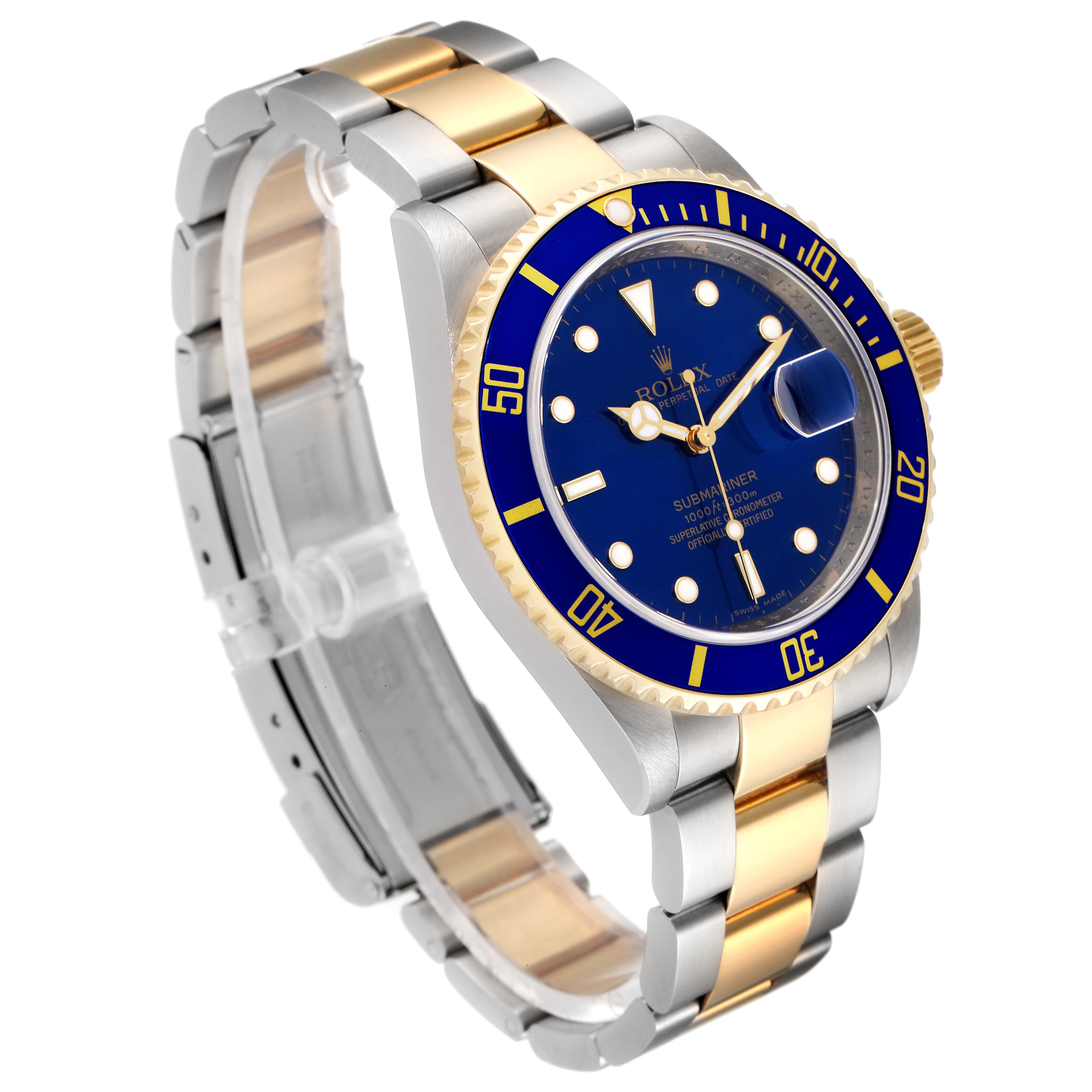 This image shows a three-quarter view of a Rolex Submariner 16613 Men
s Steel and Gold (two tone) Blue Dial 16613 Men
s Steel and Gold (two tone) Blue Dial watch, highlighting its blue dial, gold accents, and two-tone bracelet.