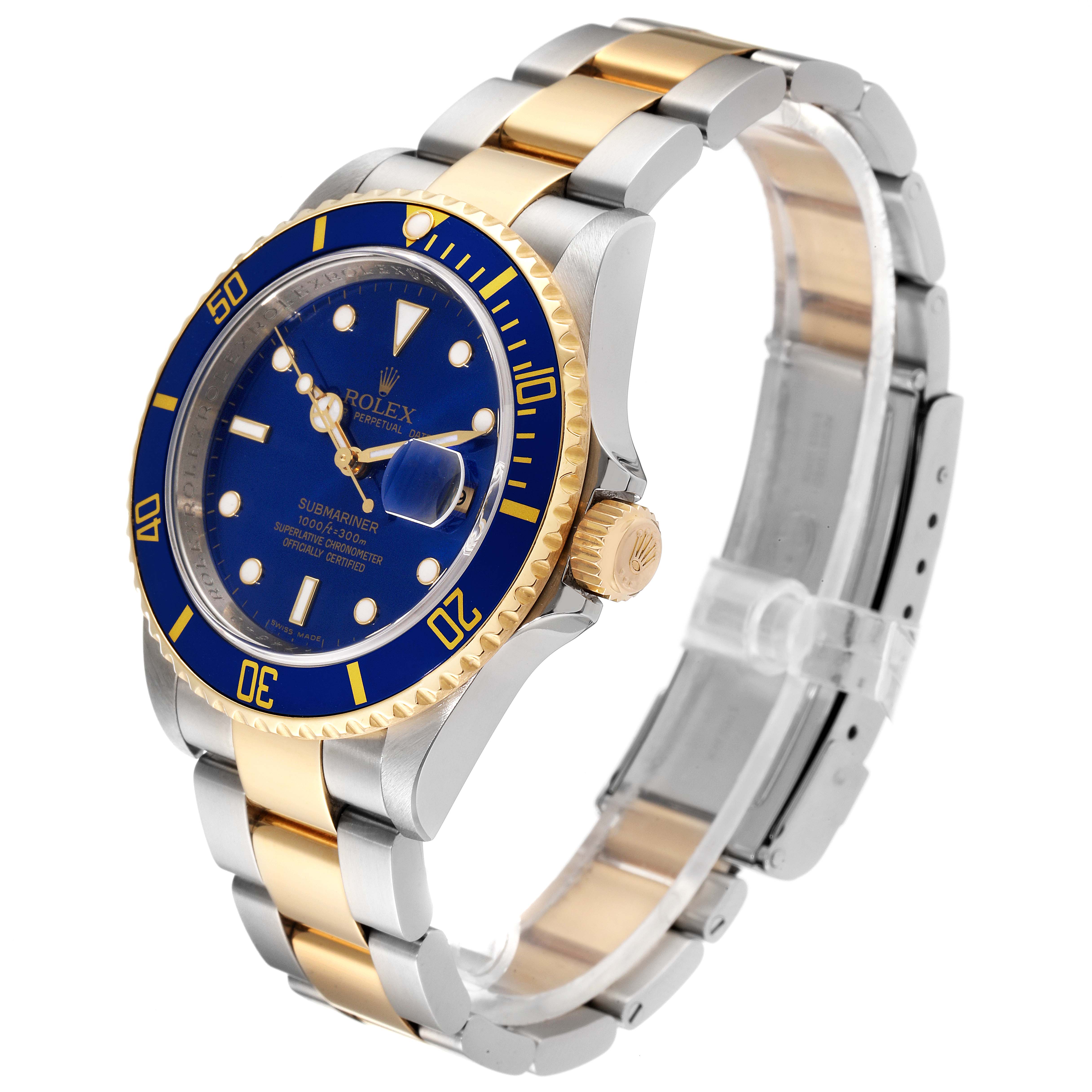 The Rolex Submariner 16613 Men
s Steel and Gold (two tone) Blue Dial 16613 Men
s Steel and Gold (two tone) Blue Dial watch is shown at an angled side view, highlighting the blue dial, gold accents, bezel, and bracelet.
